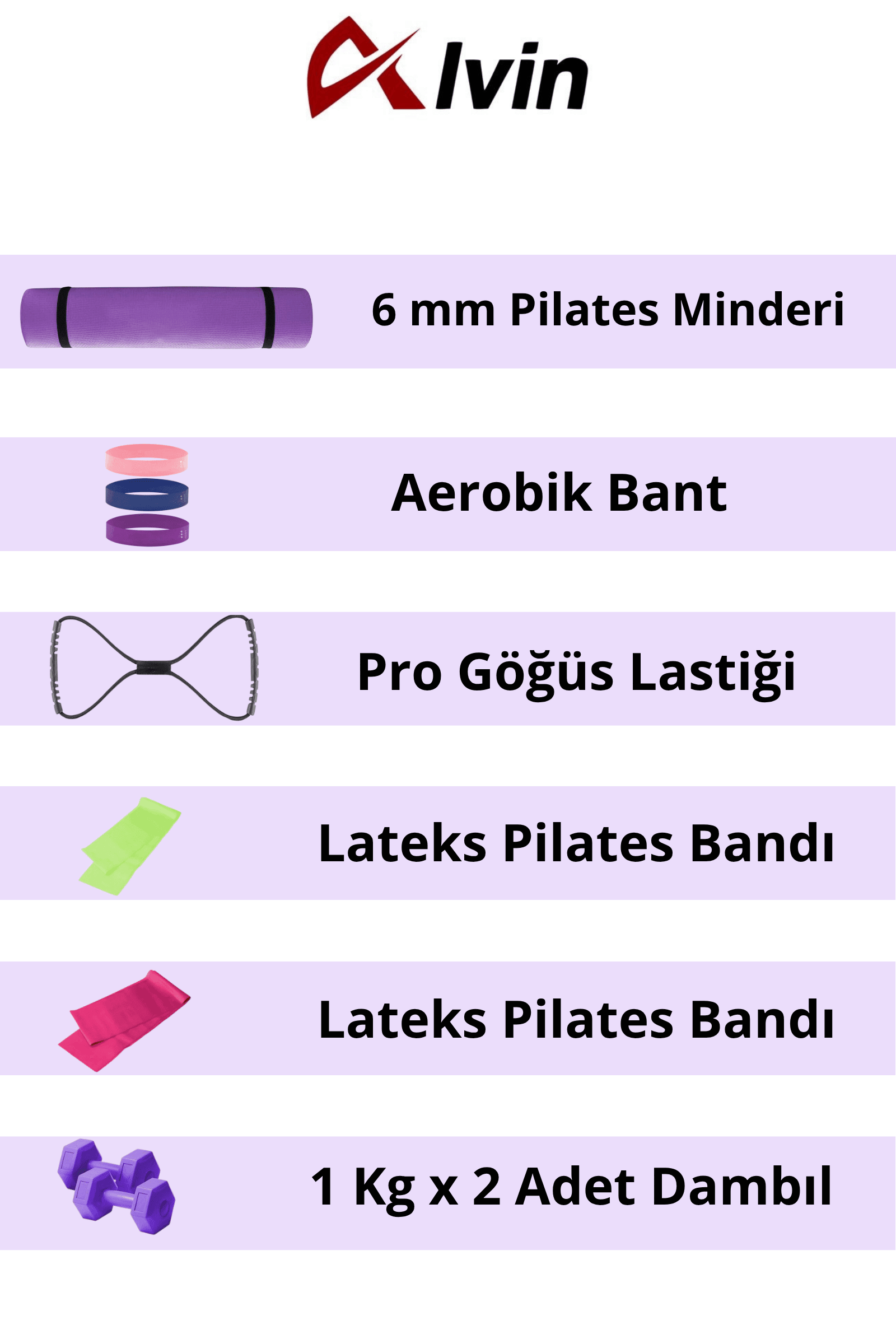 10 Parçalı Tam Donanımlı Pilates Seti–6 mm Pilates Minderi, Dambıl,Aerobik Lateks Bant,Göğüs Lastiği