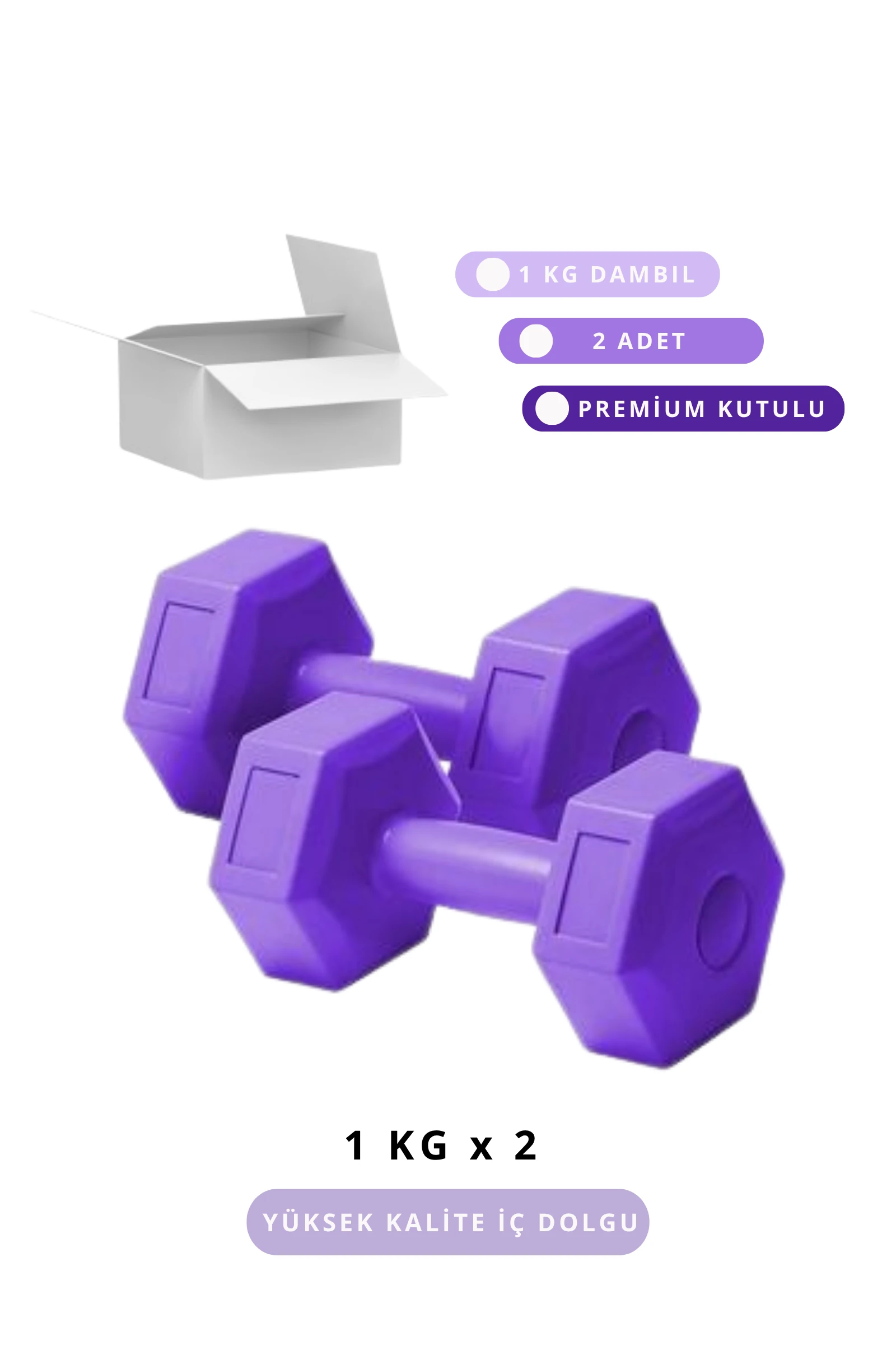 1 Kg x 2 Adet Renkli Dambıl Seti - Evde Egzersiz için İdeal - Mor