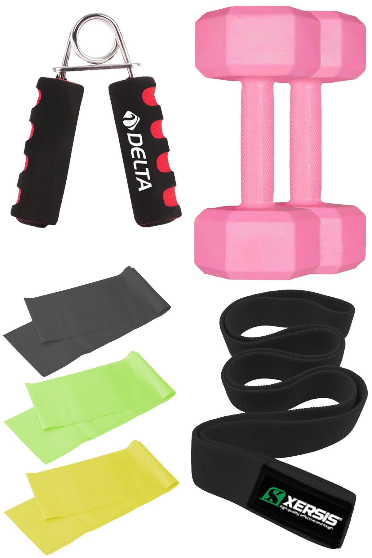 Loop Bant, 3 Adet Orta Sert Pilates Lastiği, El Yayı ve 1kg x 2 Adet Dambıl Seti - Tam Egzersiz