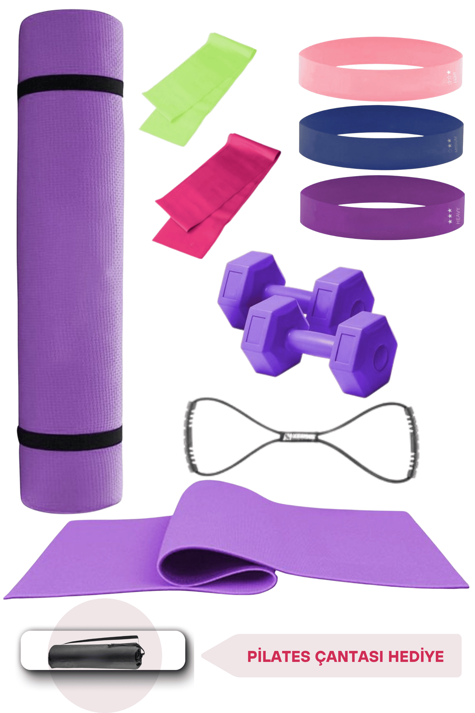 10 Parçalı Tam Donanımlı Pilates Seti–6 mm Pilates Minderi, Dambıl,Aerobik Lateks Bant,Göğüs Lastiği