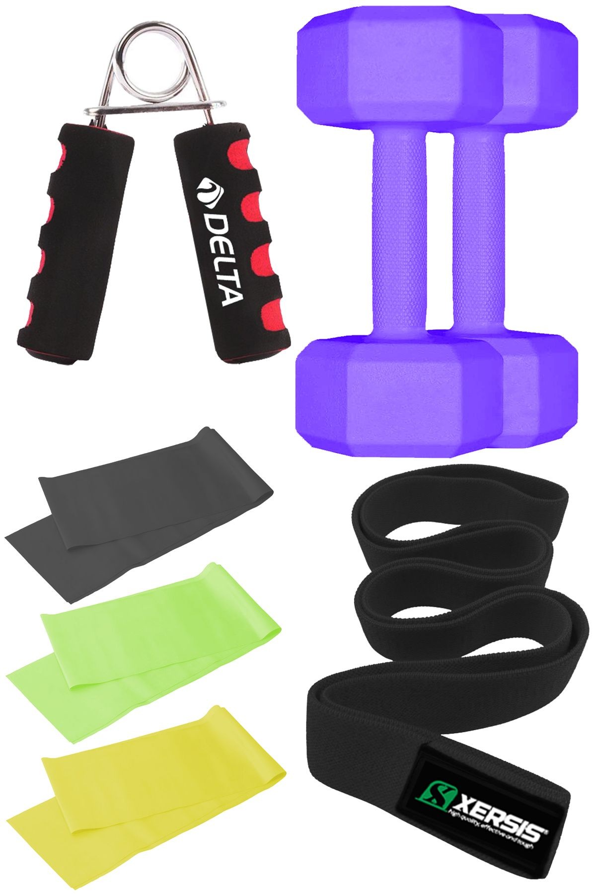 Loop Bant, 3 Adet Orta Sert Pilates Lastiği, El Yayı ve 1kg x 2 Adet Dambıl Seti - Tam Egzersiz