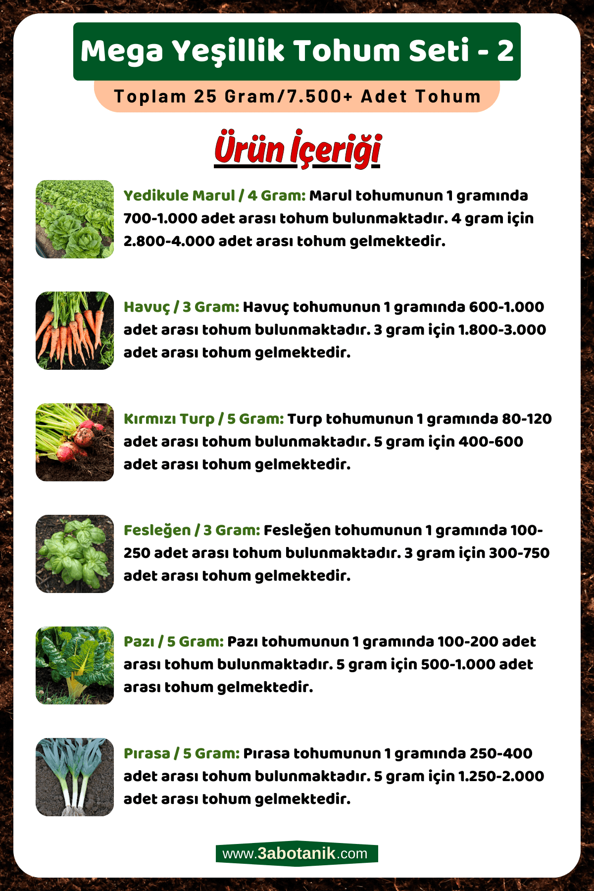 Mega Yeşillik Tohum Seti-2, Toplam 25 Gram/7.500 Adet Yeşillik Tohumu