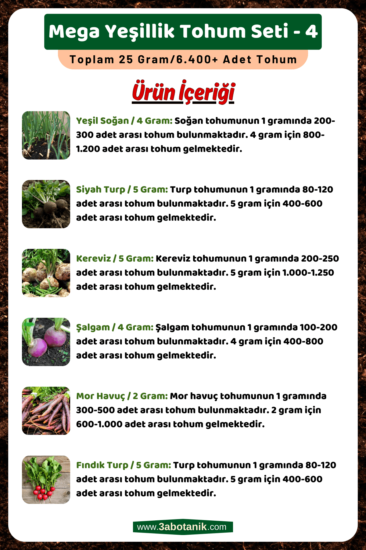 Mega Yeşillik Tohum Seti - 4, Toplam 25 Gram/6.400 Adet Yeşillik Tohumu