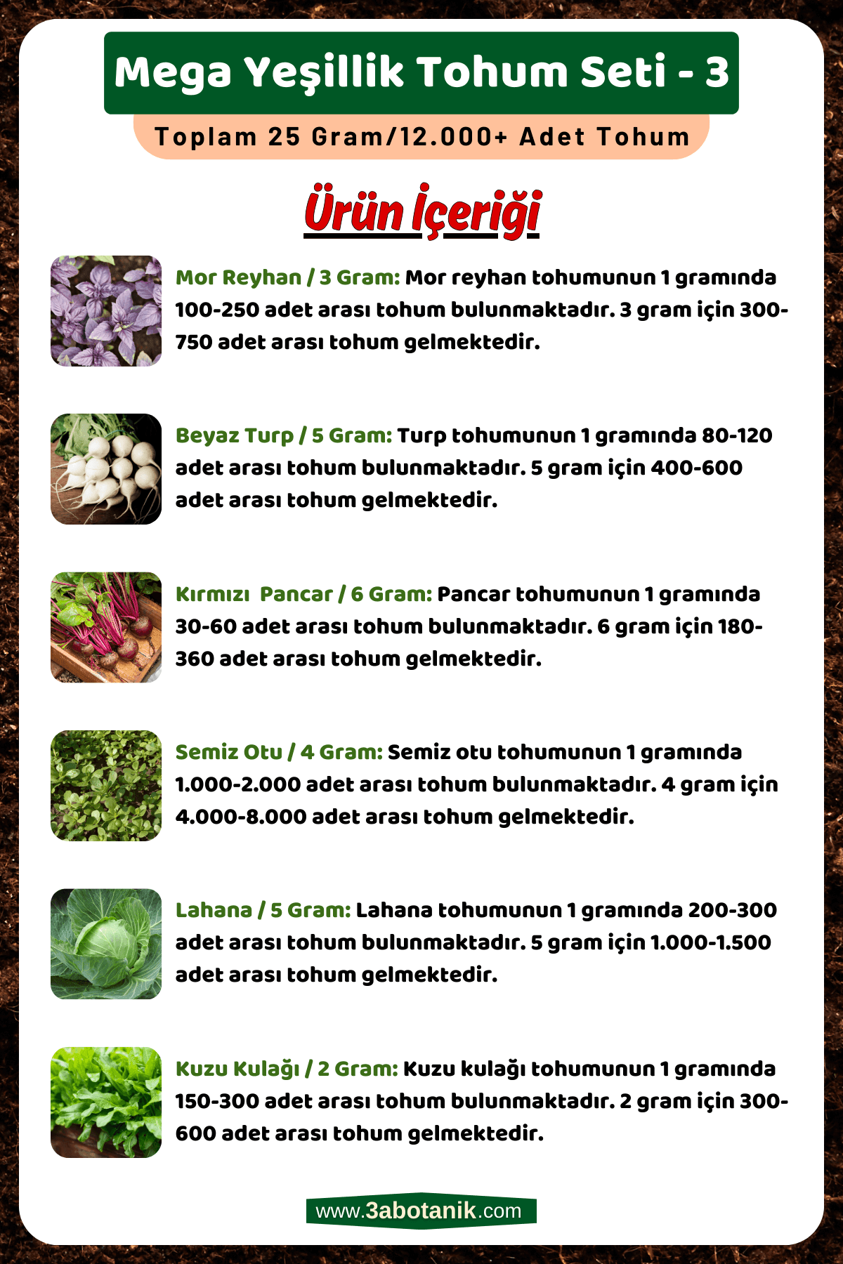 Mega Yeşillik Tohum Seti - 3, Toplam 25 Gram/12.000 Adet Yeşillik Tohumu