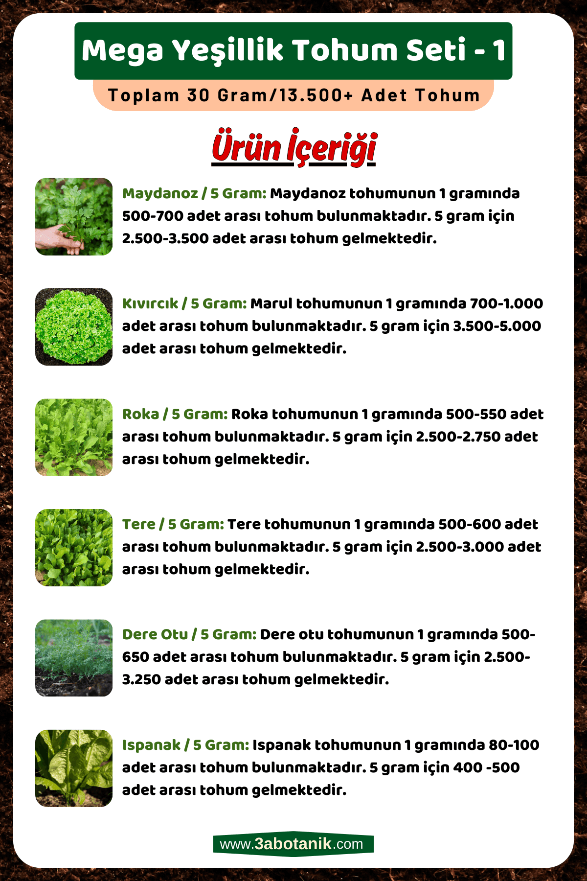 Mega Yeşillik Tohum Seti-1, Toplam 30 Gram/13.500 Adet Yeşillik Tohumu