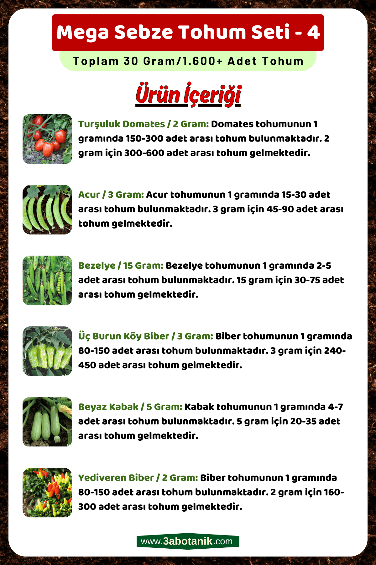 Mega Sebze Tohum Seti - 4, Toplam 30 Gram/1.600 Adet Sebze Tohumu