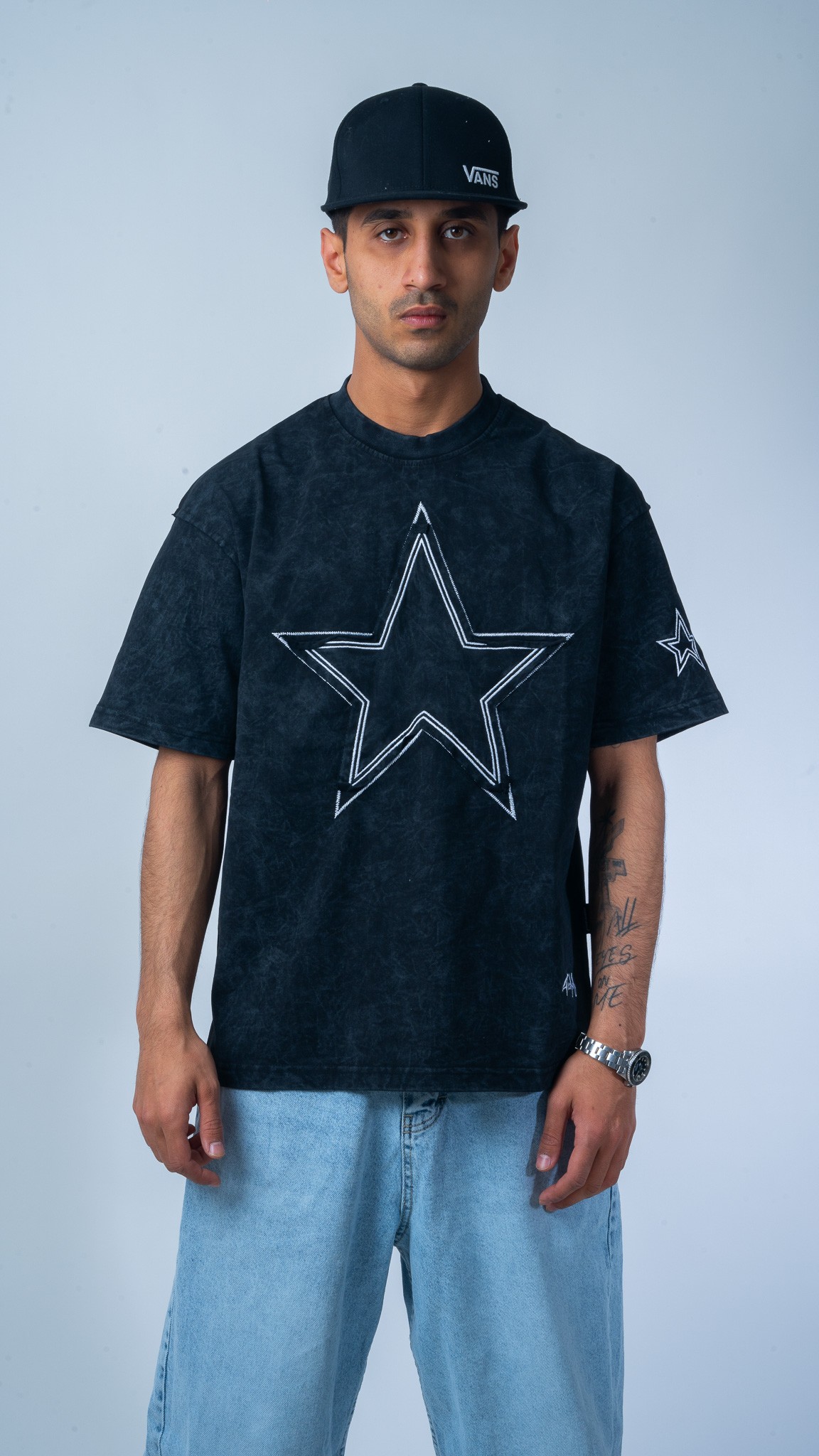 Yıldız Baskılı Oversize Siyah T-Shirt