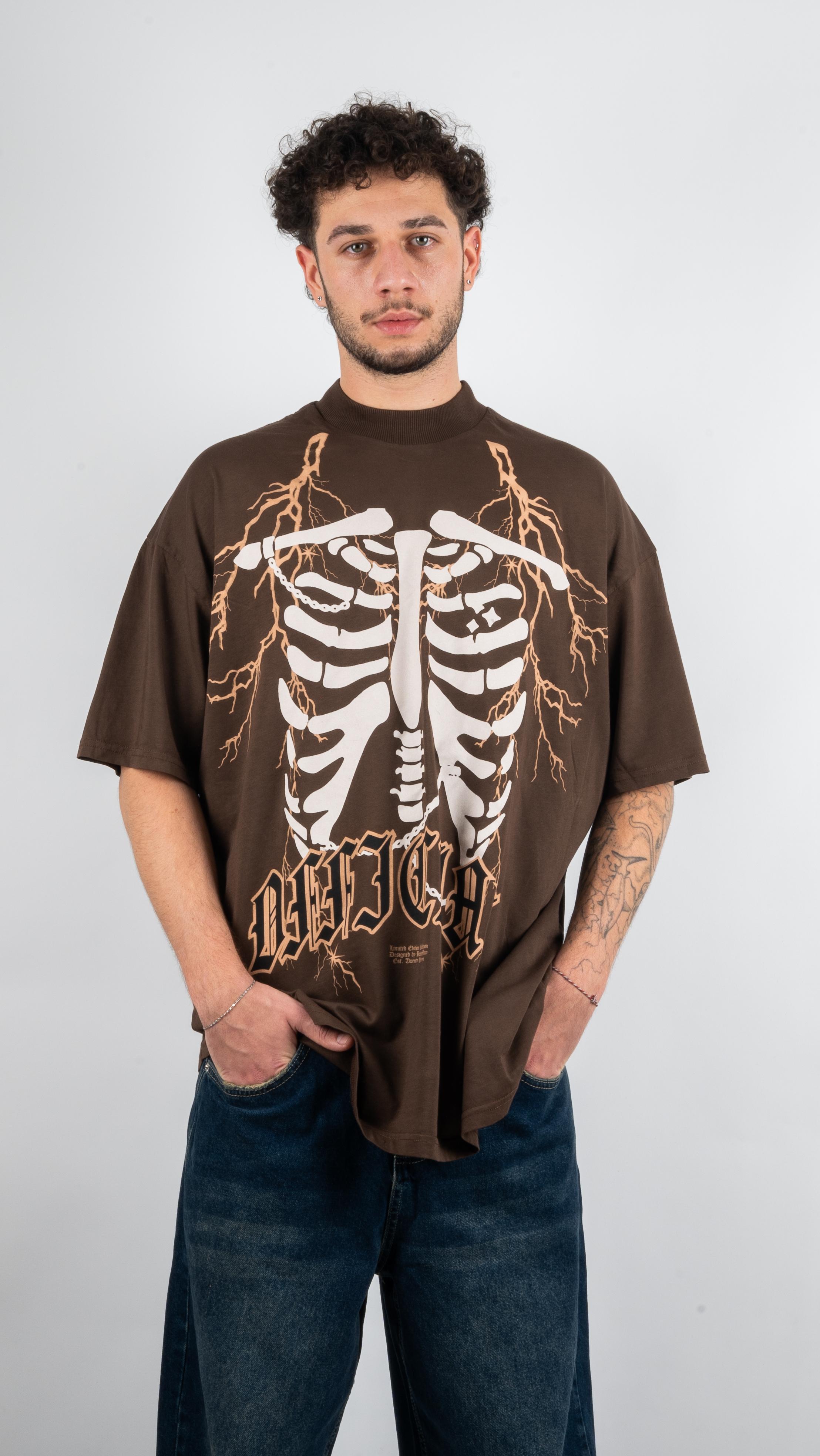 SKELETON Baskılı Kahverengi Oversize T-Shirt