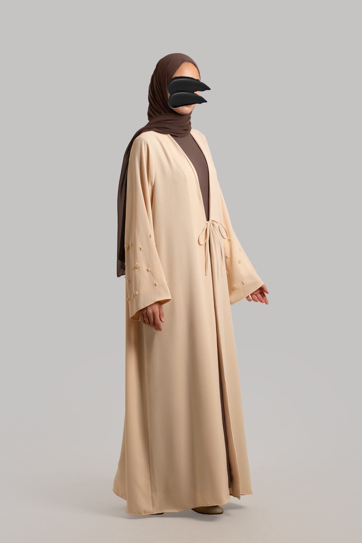 Boncuk Detaylı Abaya - Krem