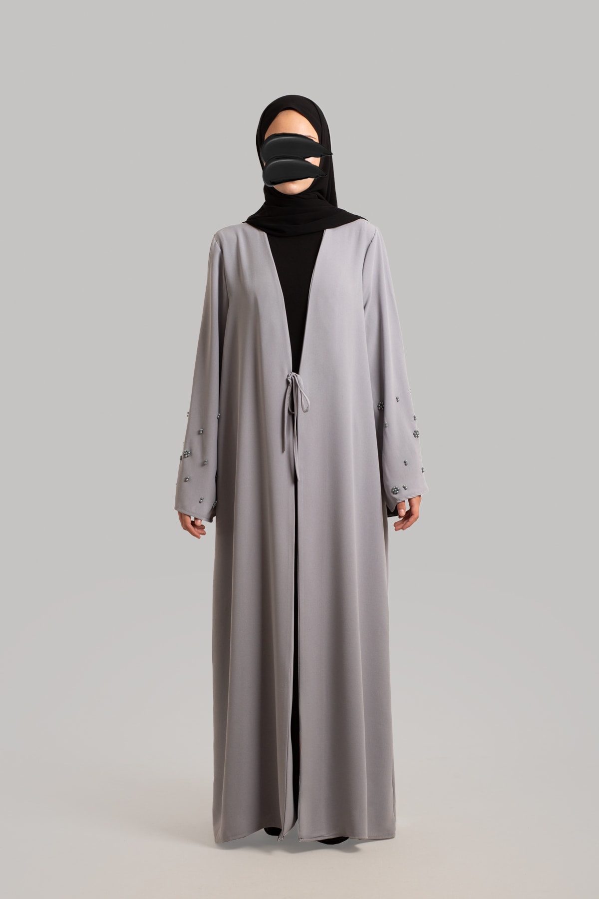 Boncuk Detaylı Abaya - Gri