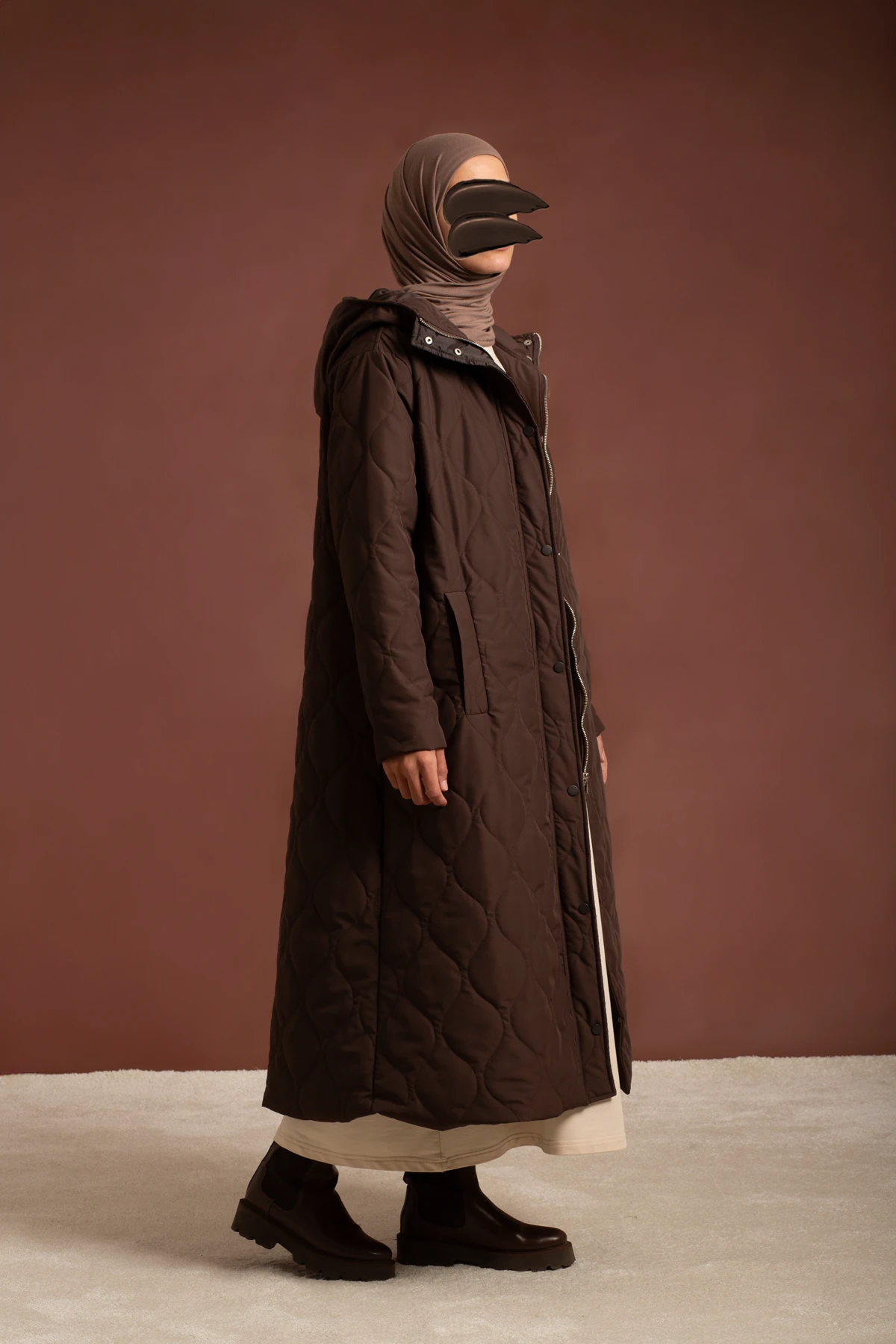 Kapşonlu Uzun Boy Kapitone Mont - Acı Kahve