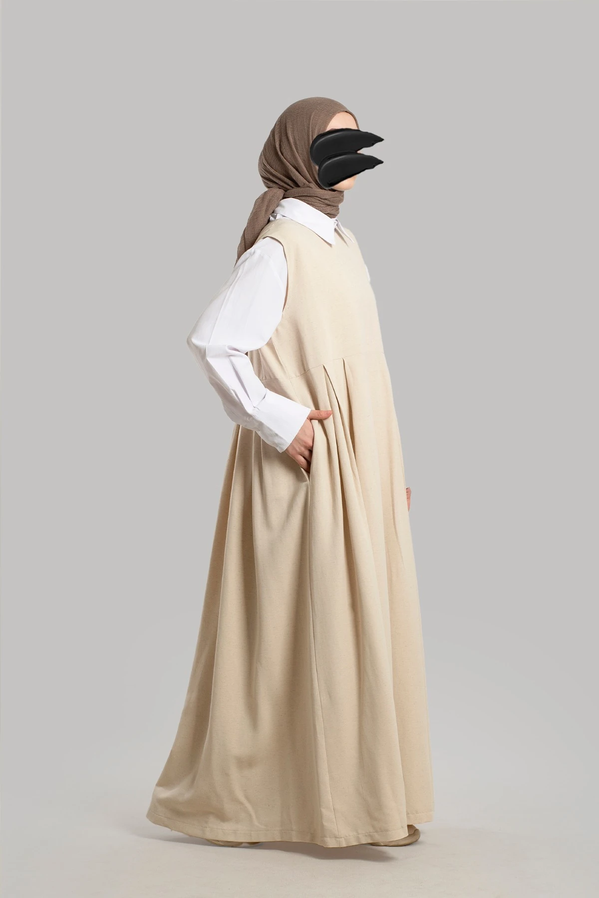 Keten Pile Detaylı Jile Elbise