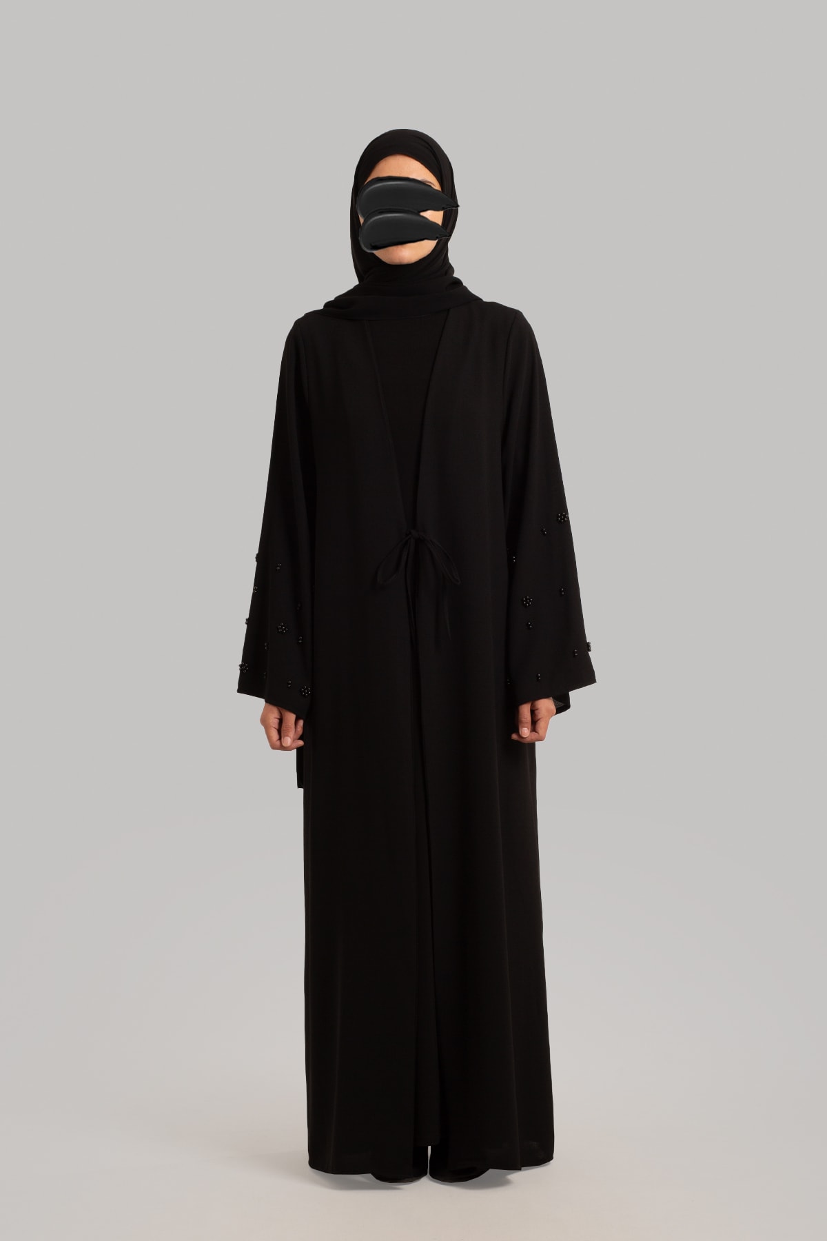 Boncuk Detaylı Abaya - Siyah