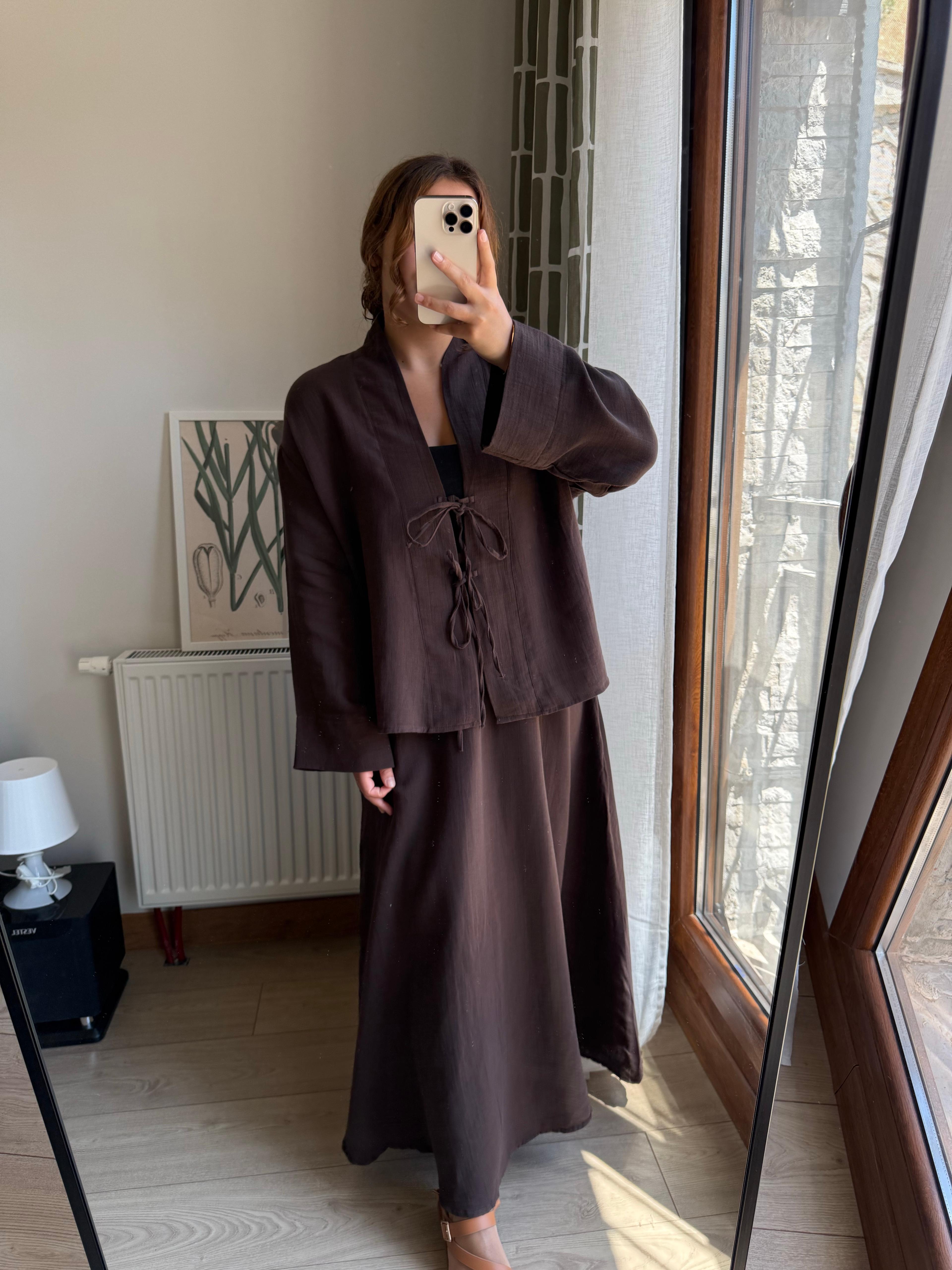 Acı kahve müslin etek kimono takım