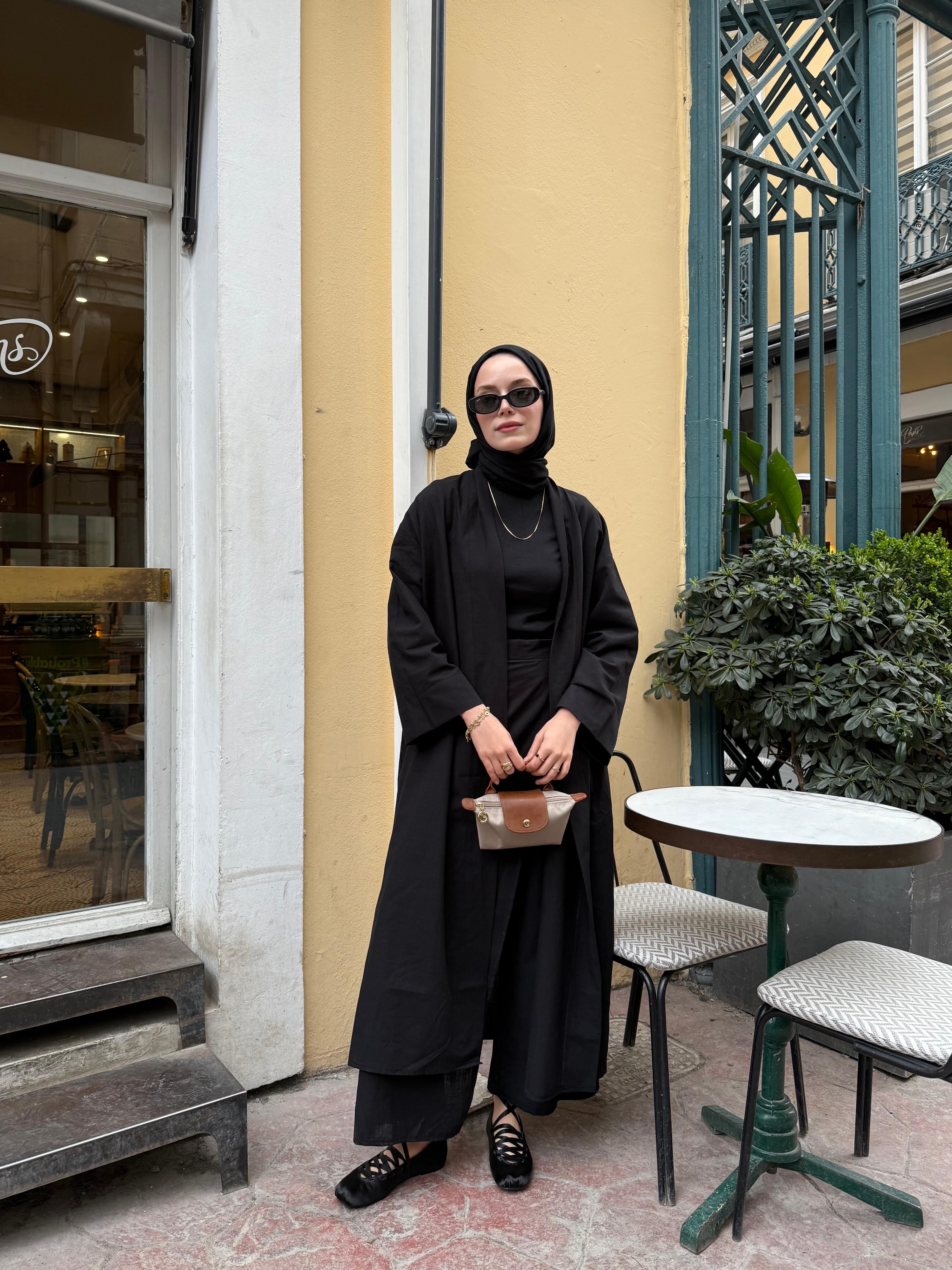 Siyah Keten Kimono Takım