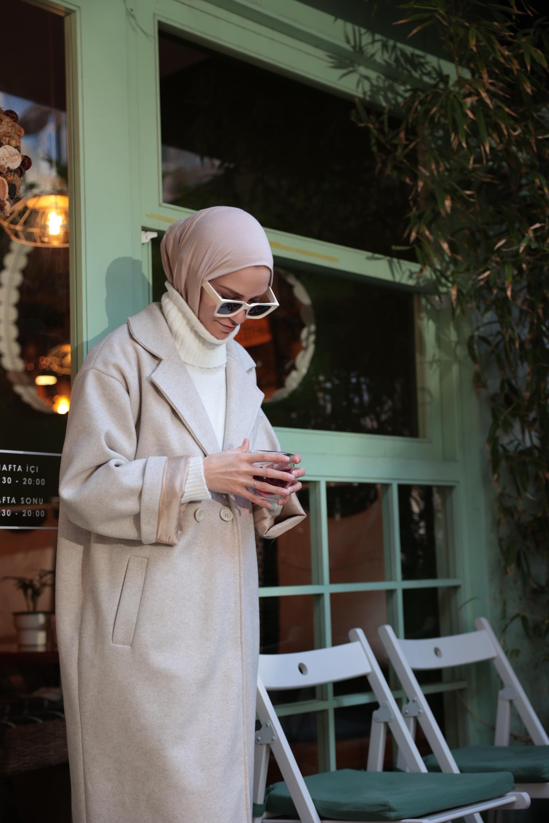 Bej Oversize Kaşe Kaban