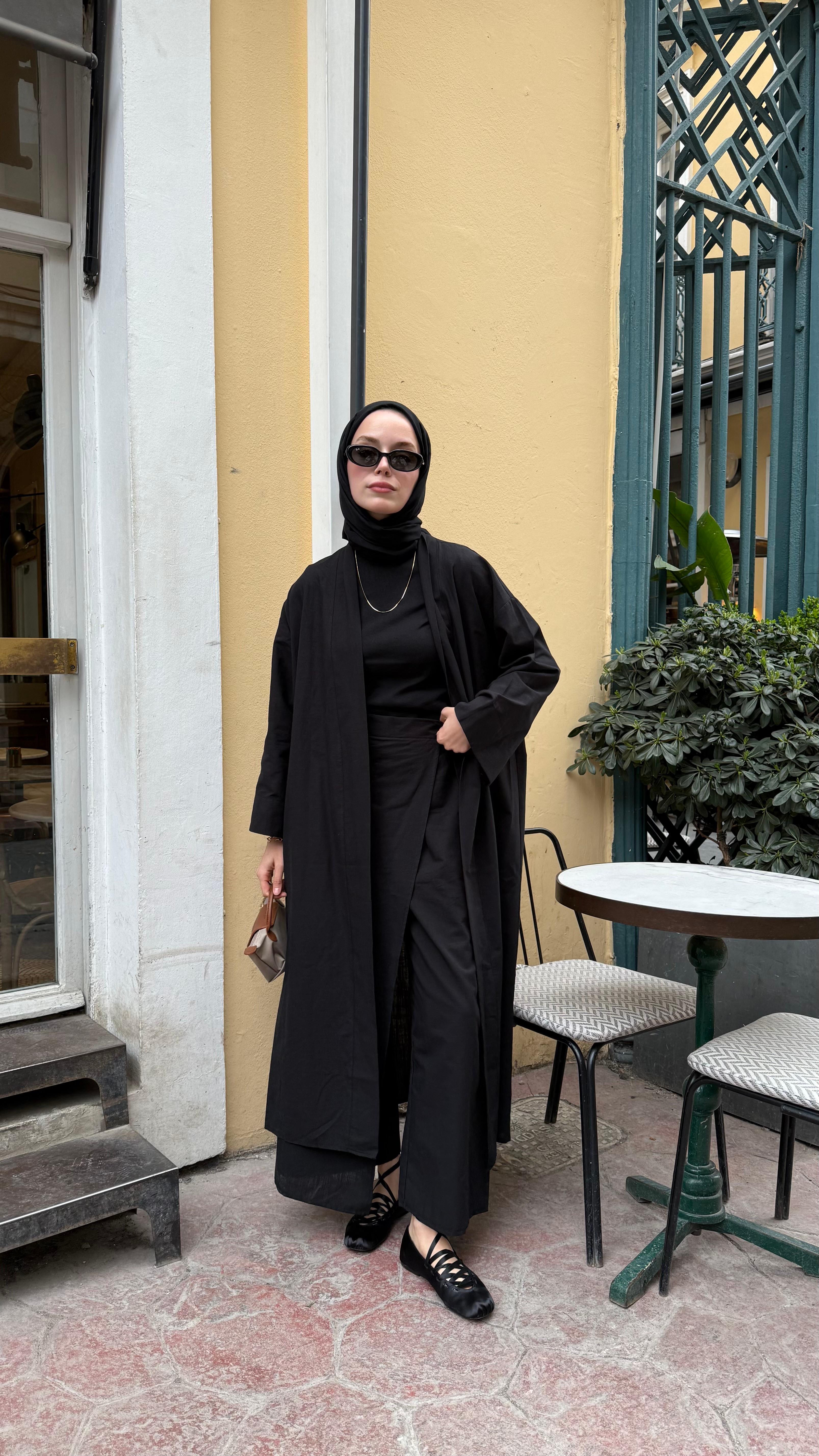 Siyah Keten Kimono Takım