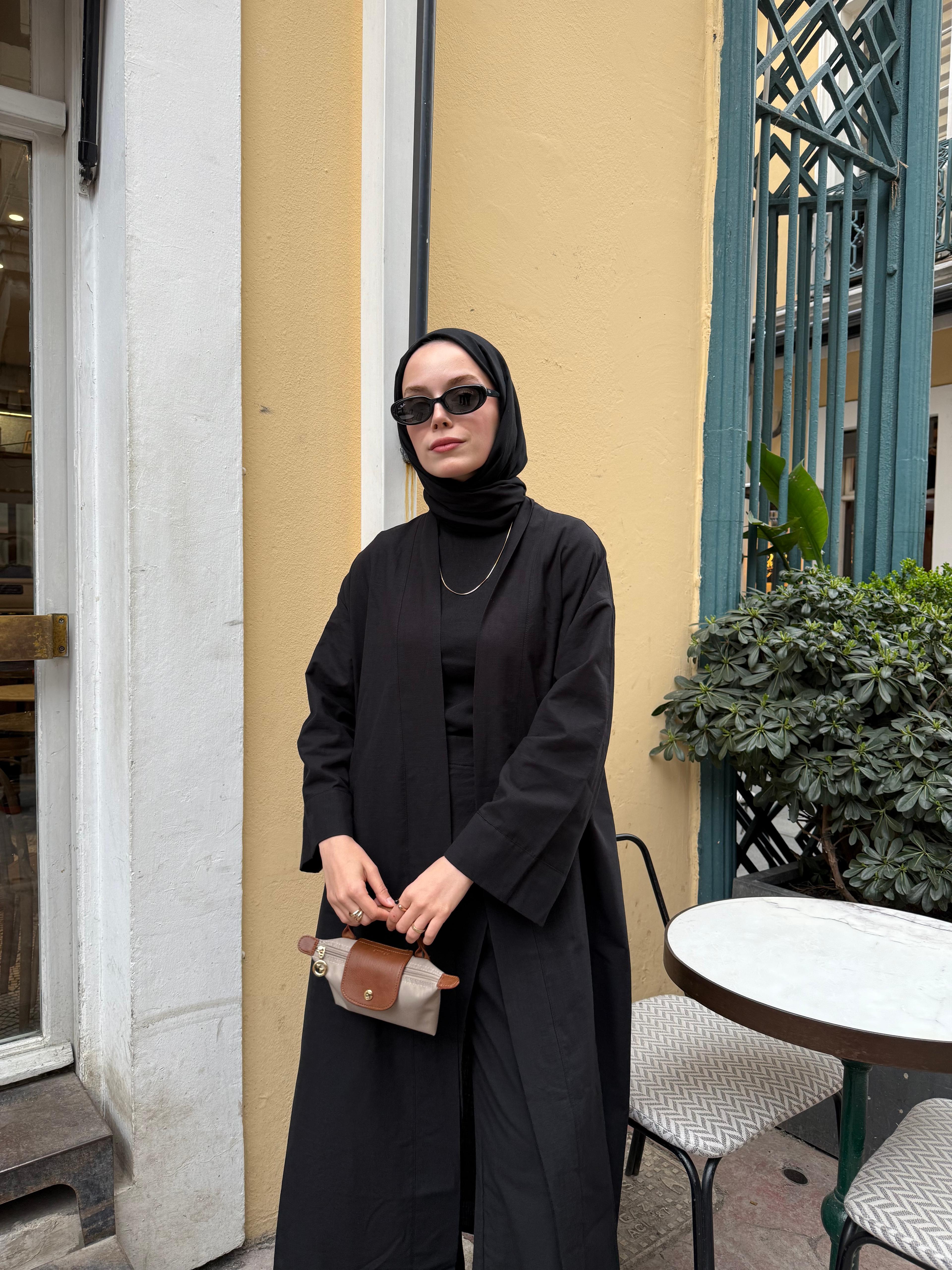 Siyah Keten Kimono Takım