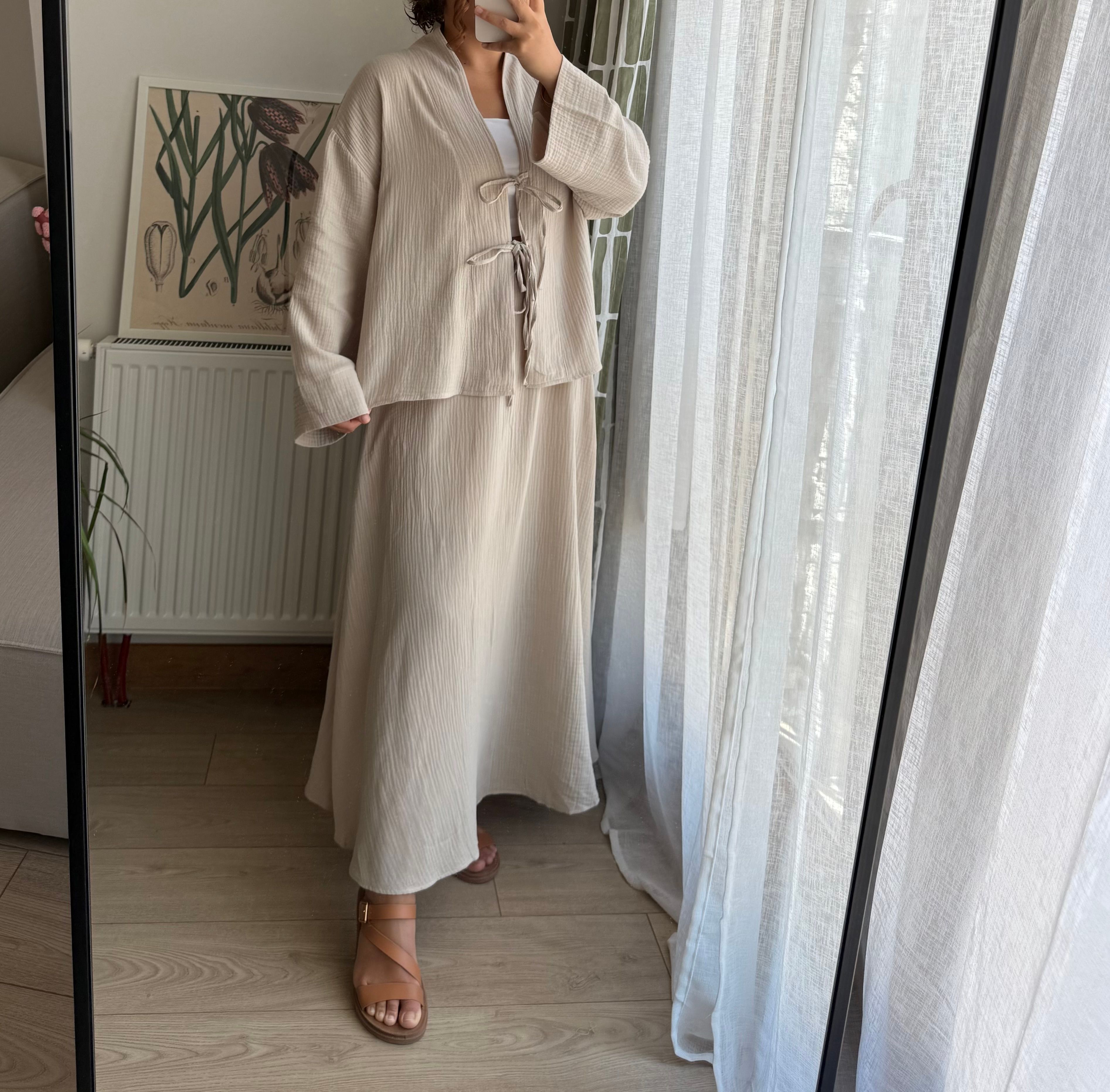 Bej müslin etek kimono takım