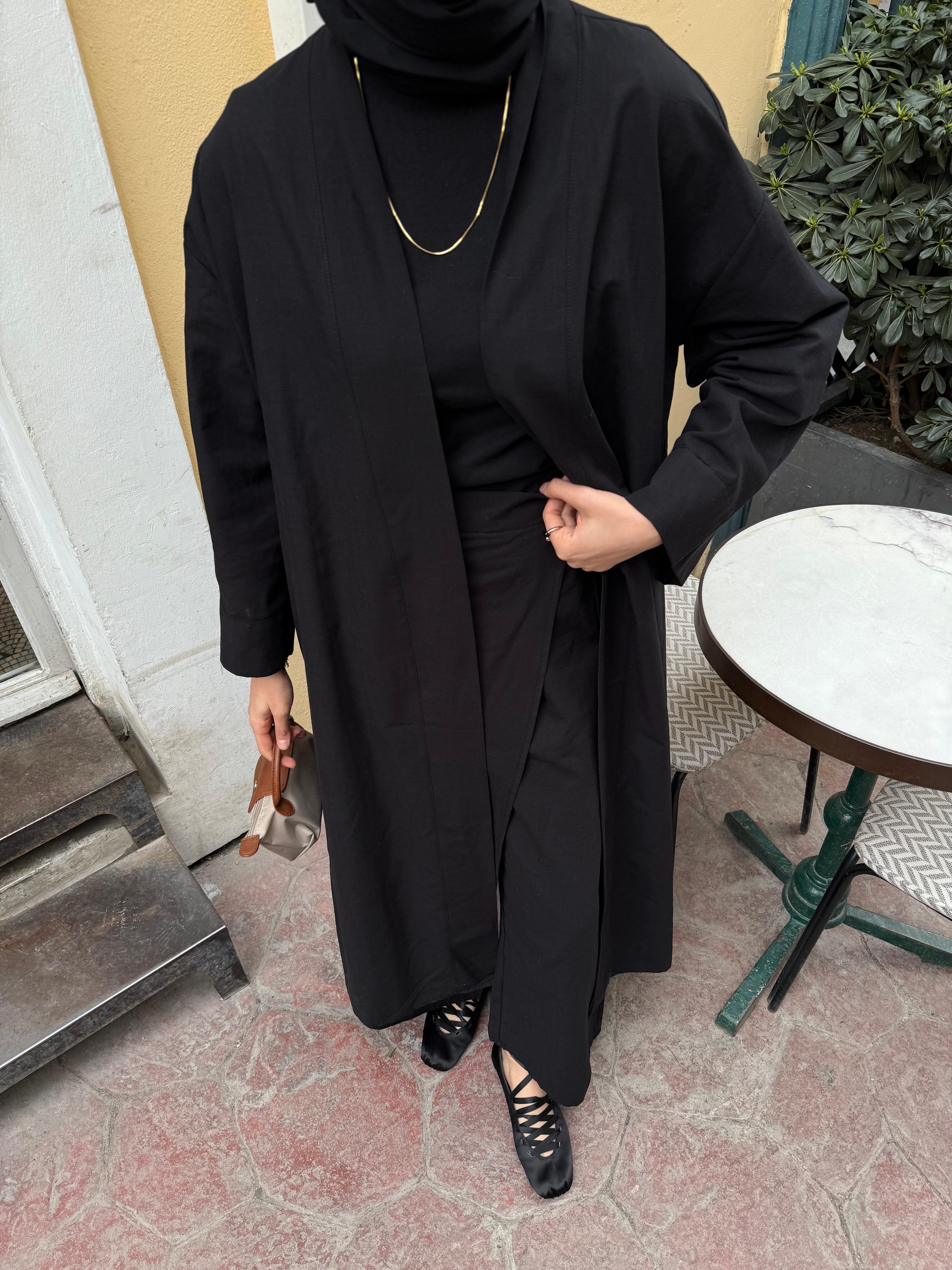 Siyah Keten Kimono Takım