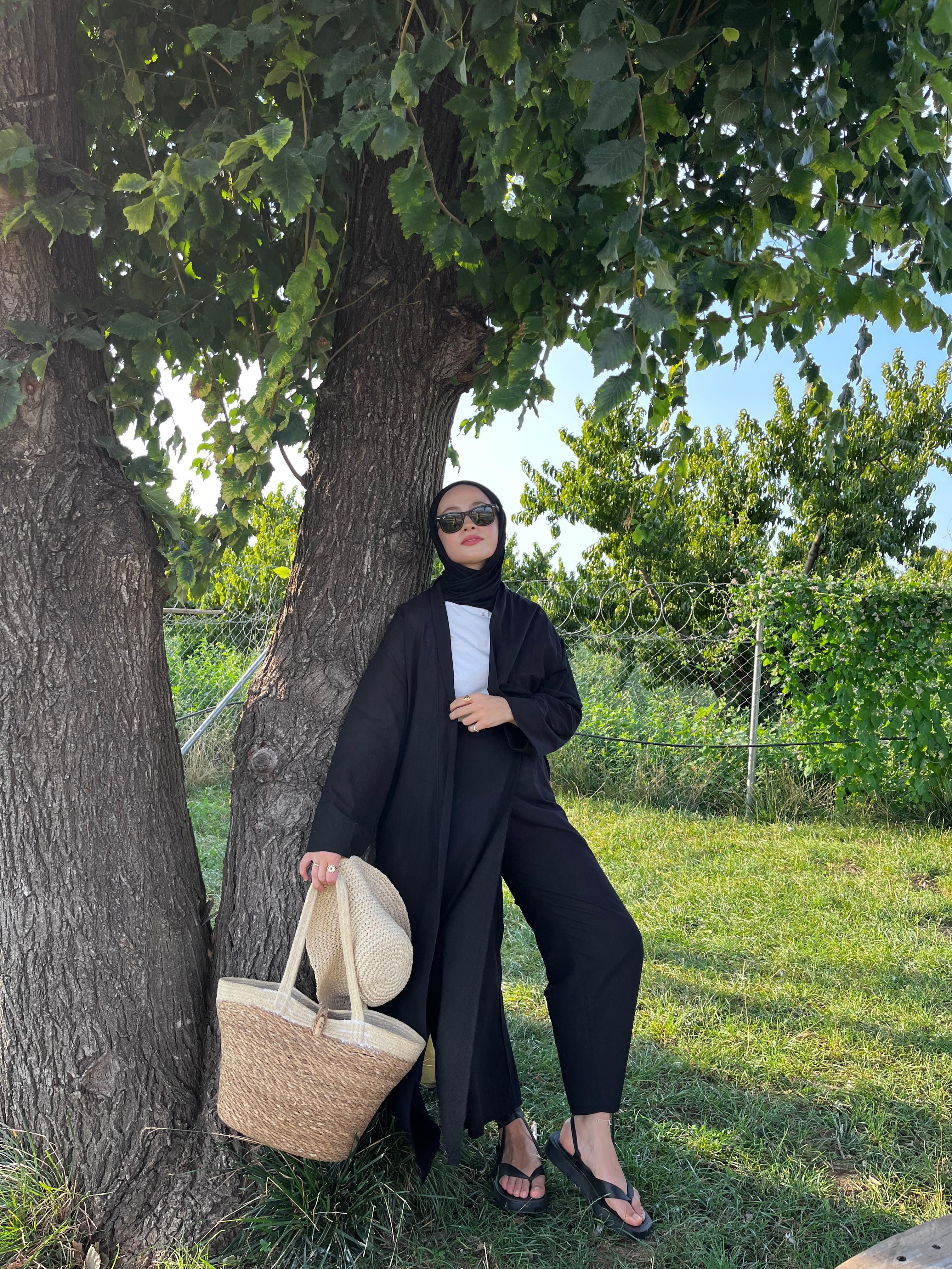 Siyah Keten Kimono Takım