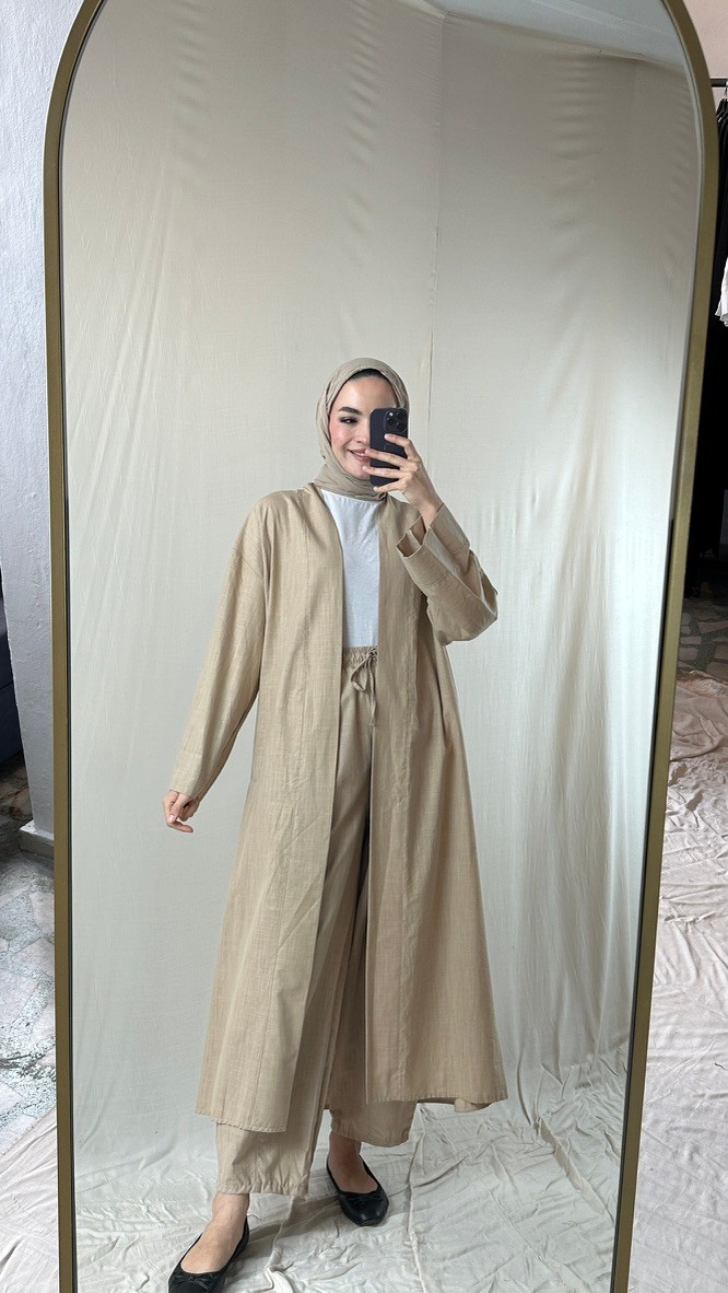Bej Keten Kimono Takım