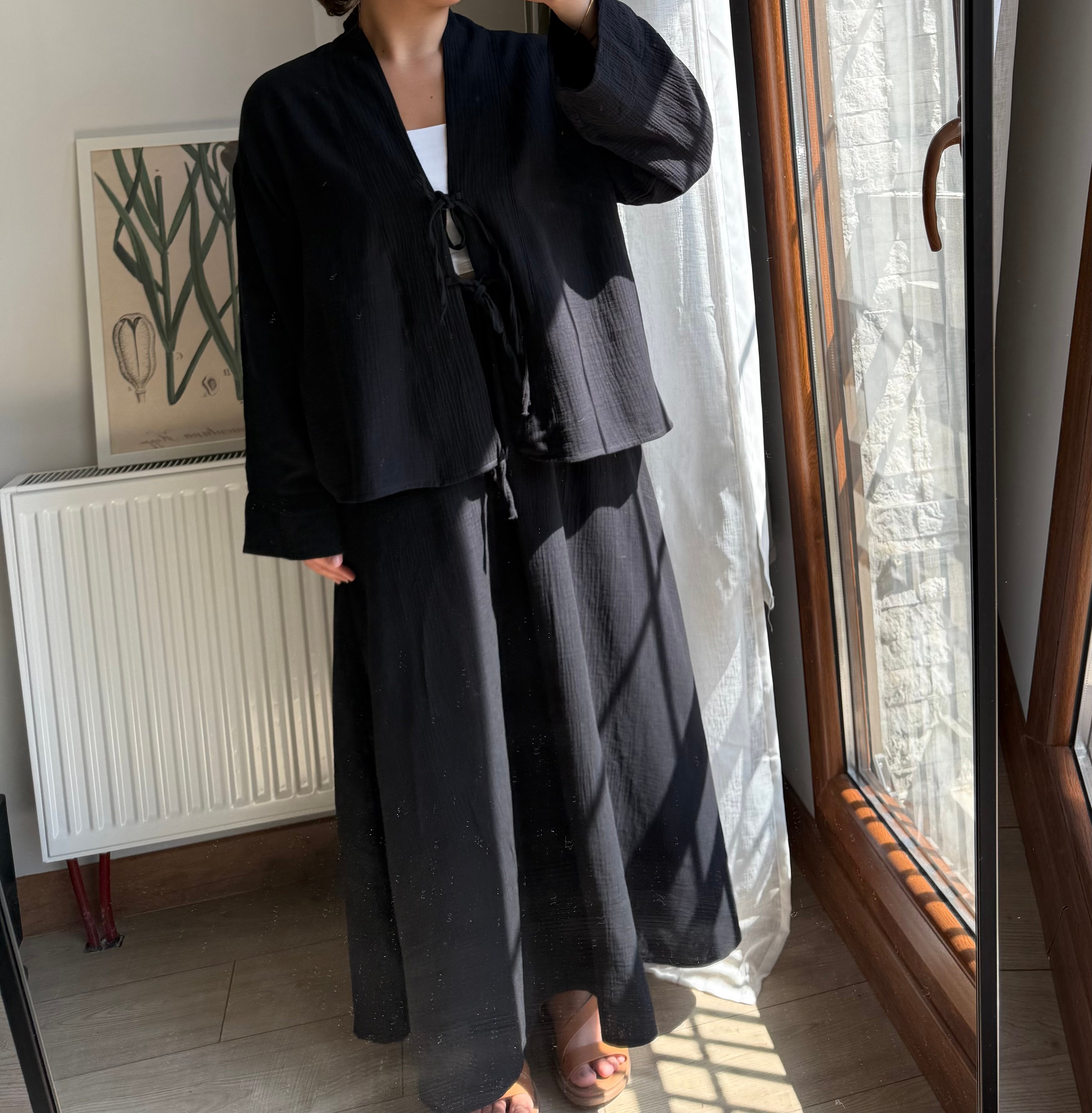 Siyah müslin etek kimono takım