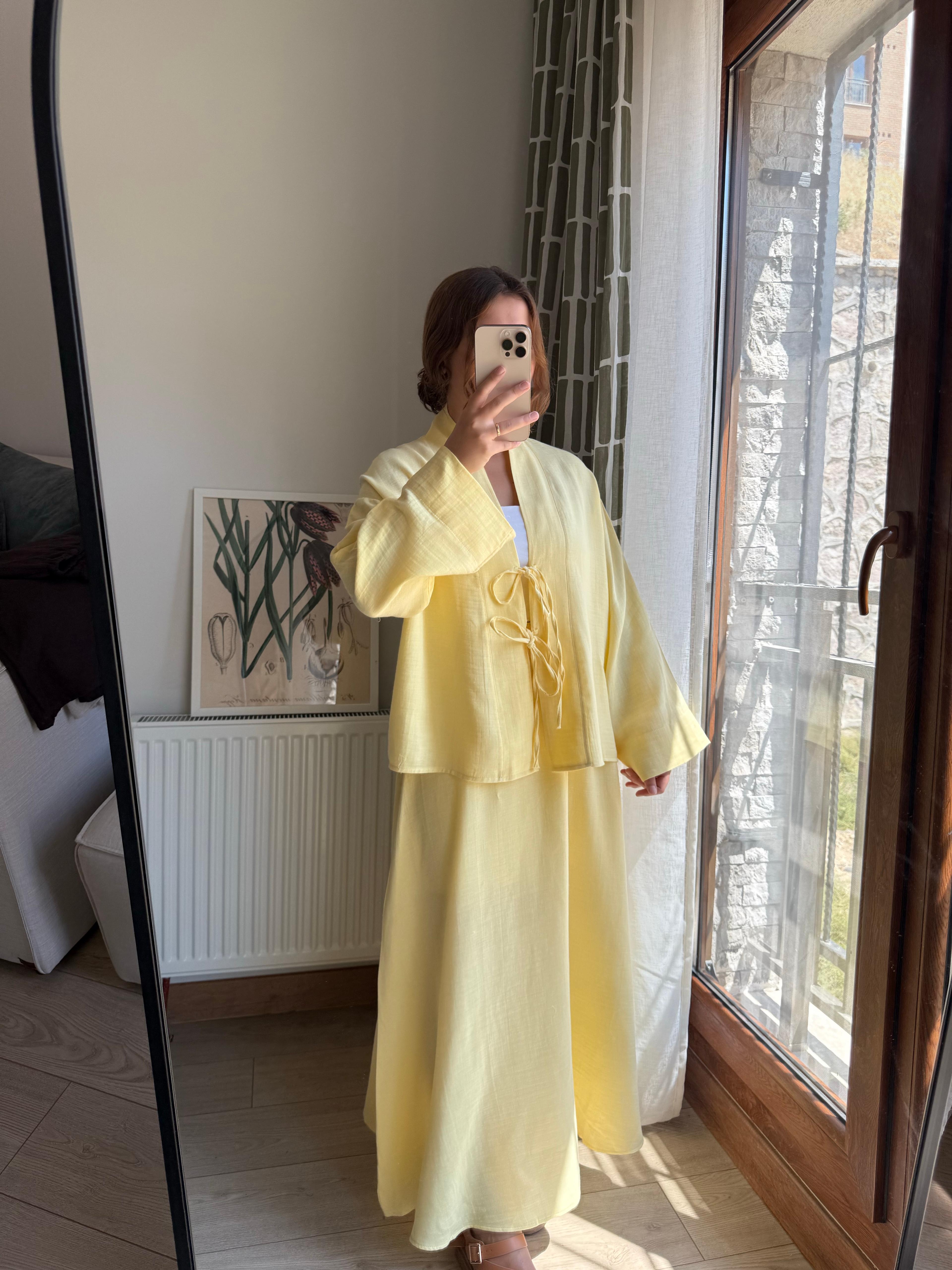 Tereyağ sarısı Müslin etek kimono takım