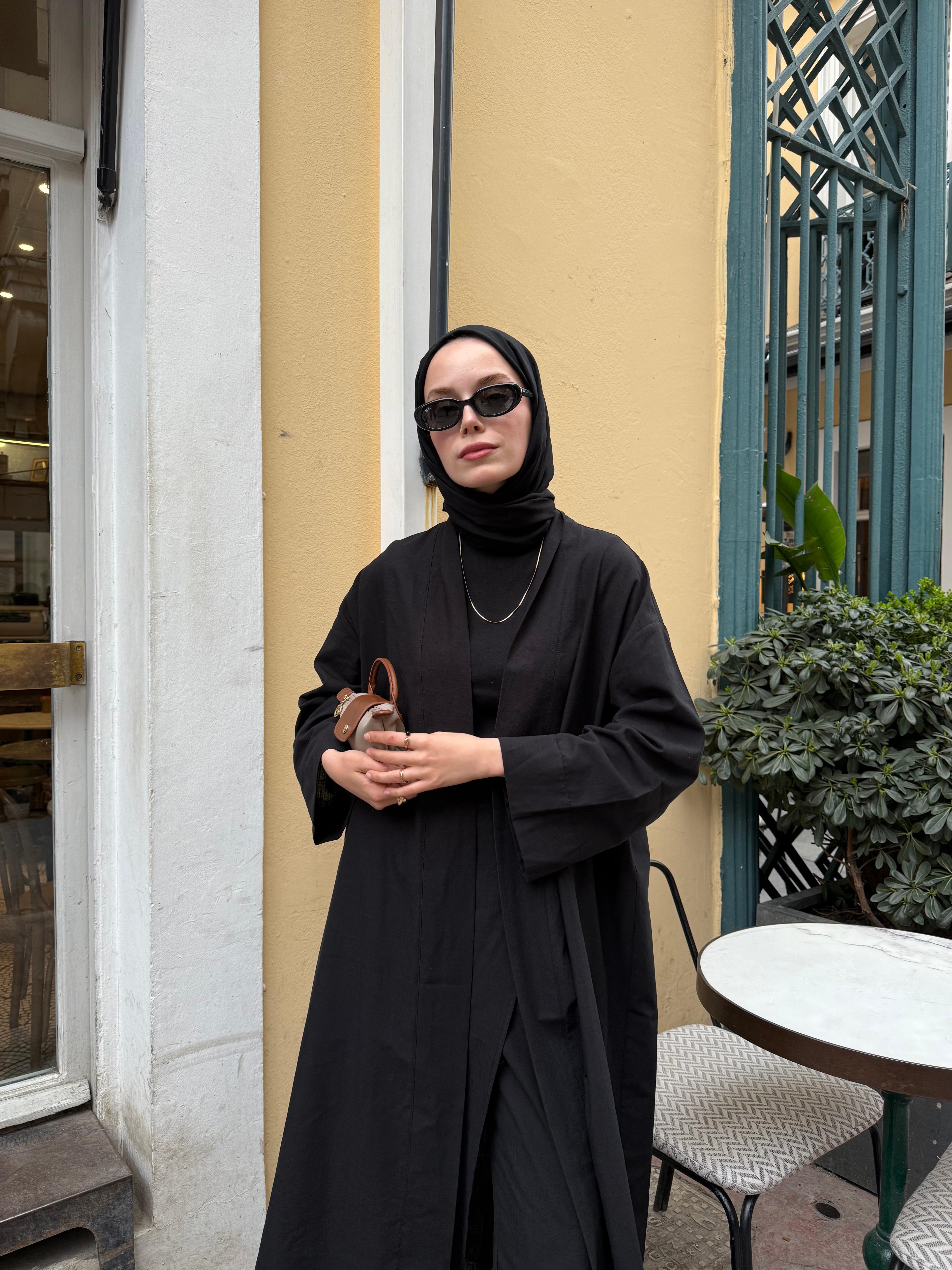 Siyah Keten Kimono Takım