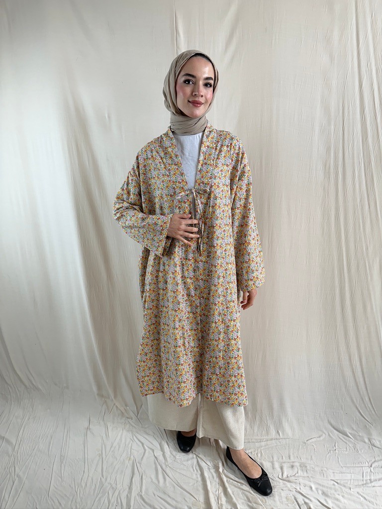 Çiçekli Uzun Keten Kimono