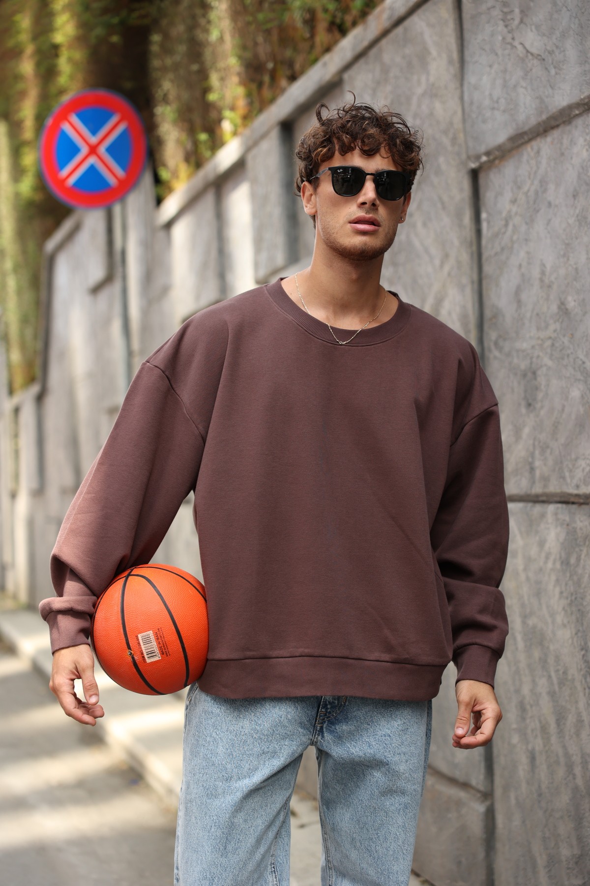 Oversize Basıc Sweatshirt - Kahverengi