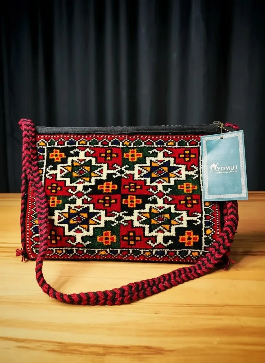 El Dokuma Türkmen Yün Çanta – Gökçe Gül Motifli 29×20 cm