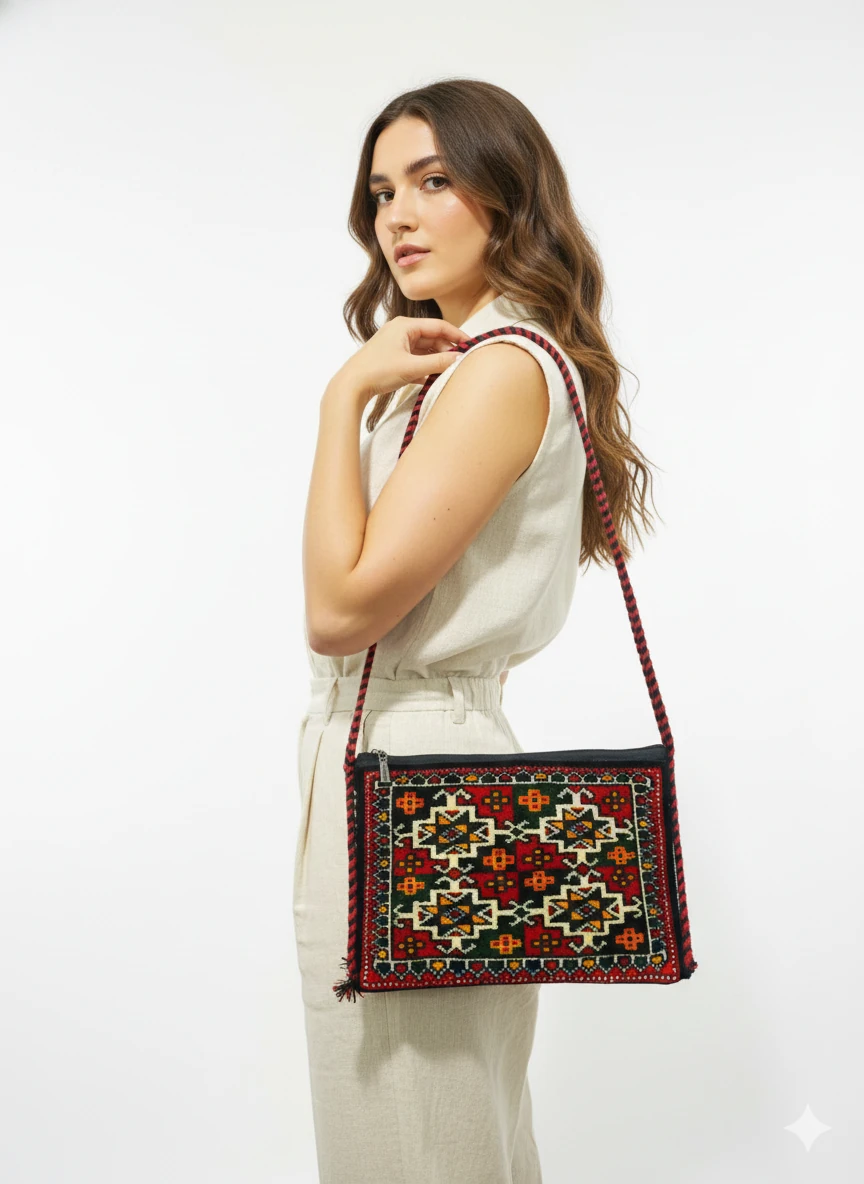 El Dokuma Türkmen Yün Çanta – Gökçe Gül Motifli 29×20 cm