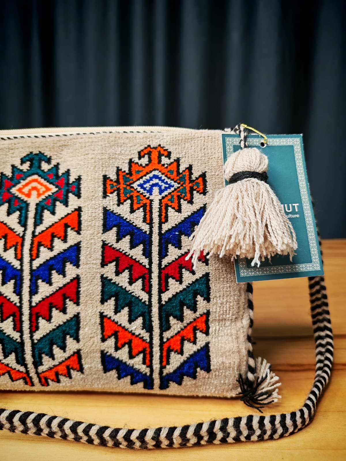 Krem El Dokuma Türkmen Ok Motifli Yün Omuz Çantası