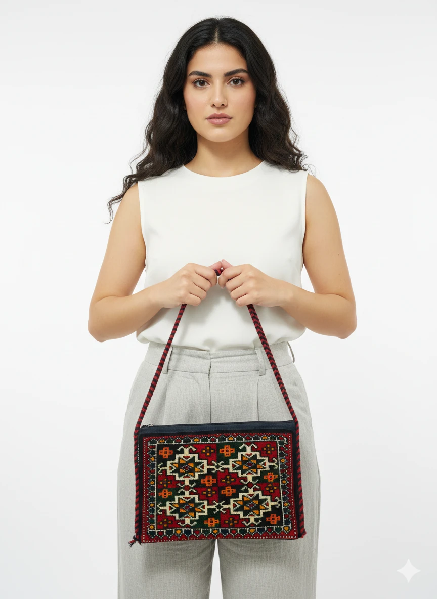 El Dokuma Türkmen Yün Çanta – Gökçe Gül Motifli 29×20 cm