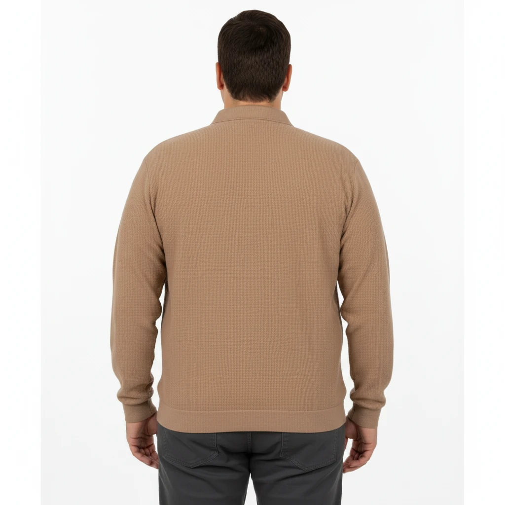 Büyük Beden Erkek Sweat Polo Yaka Waffle Selanik Sütlü Kahve 25822