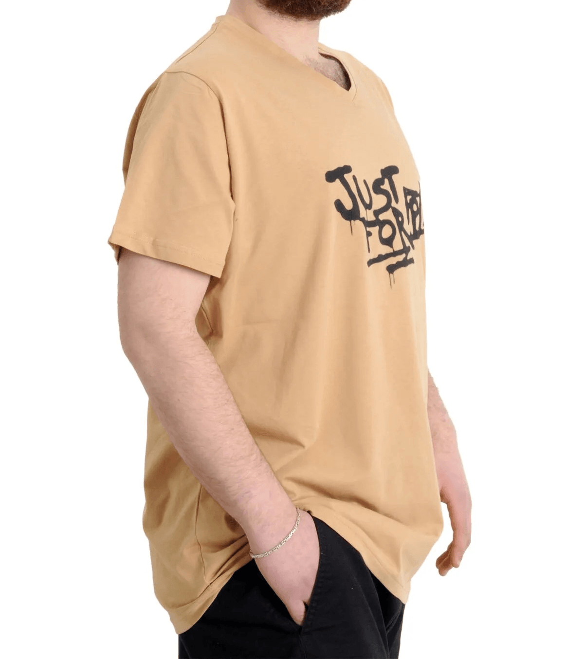 Büyük Beden Erkek V Yaka T-shirt JUST 23032 BEJ