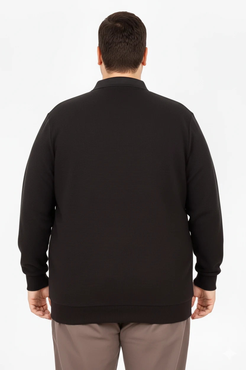 Büyük Beden Erkek Sweat Polo Yaka Waffle Selanik Siyah 25822