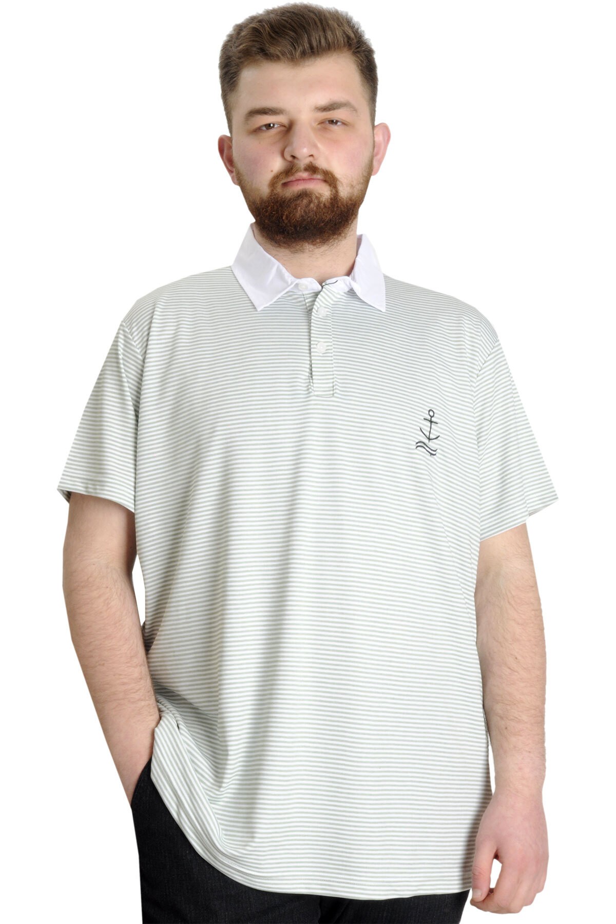 Büyük Beden Erkek T-shirt Polo Yaka Çizgili Kagı 23340 Yeşil - yesil