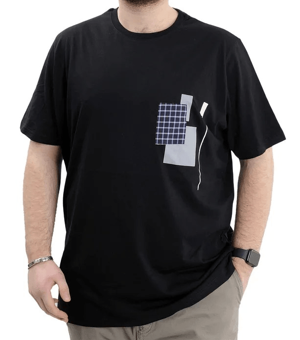 Büyük Beden Erkek Bisiklet Yaka T-Shirt Baskılı GARNILI U24045 Siyah