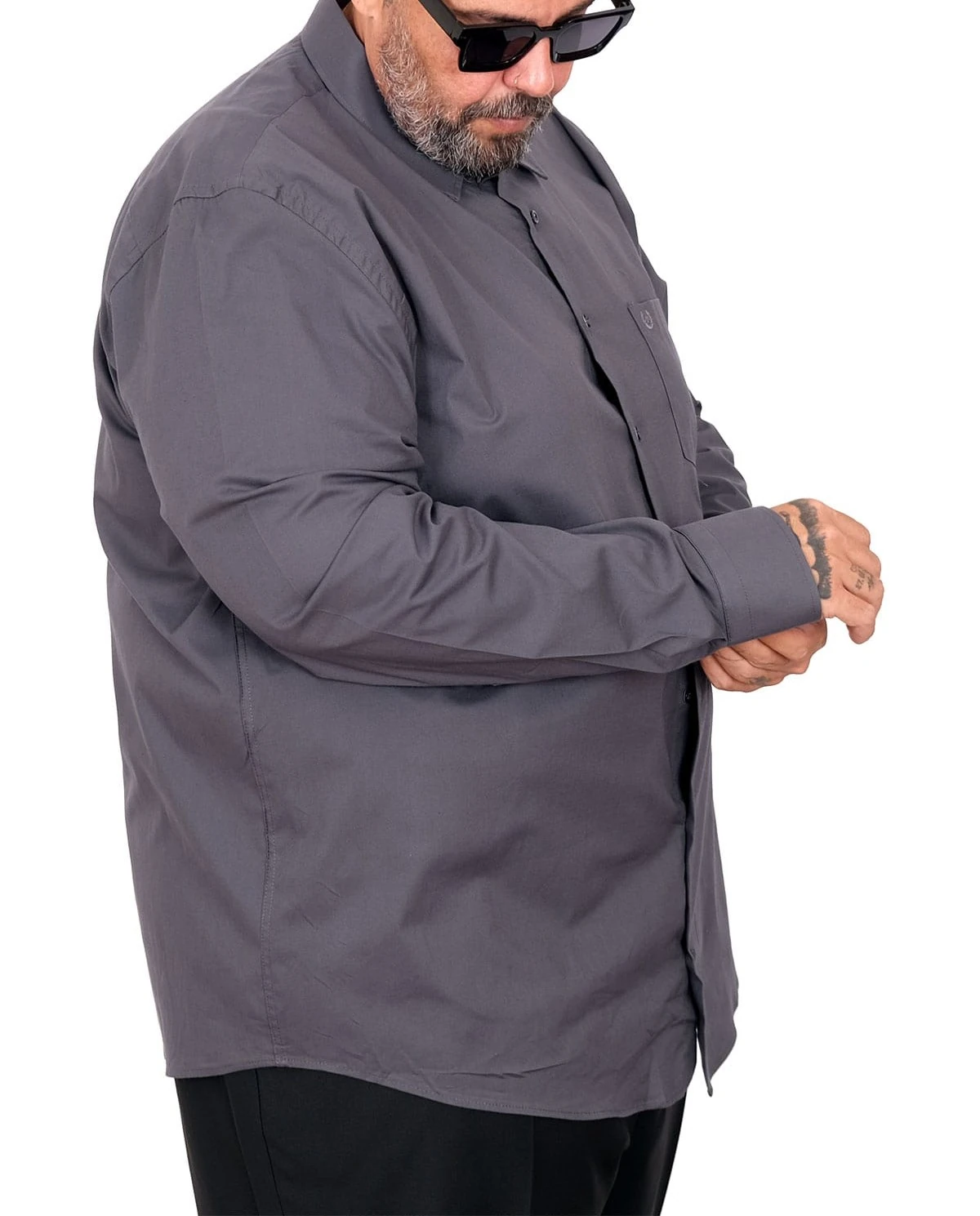 Büyük Beden Erkek Klasik Cepli Gömlek Likralı 20350 Füme