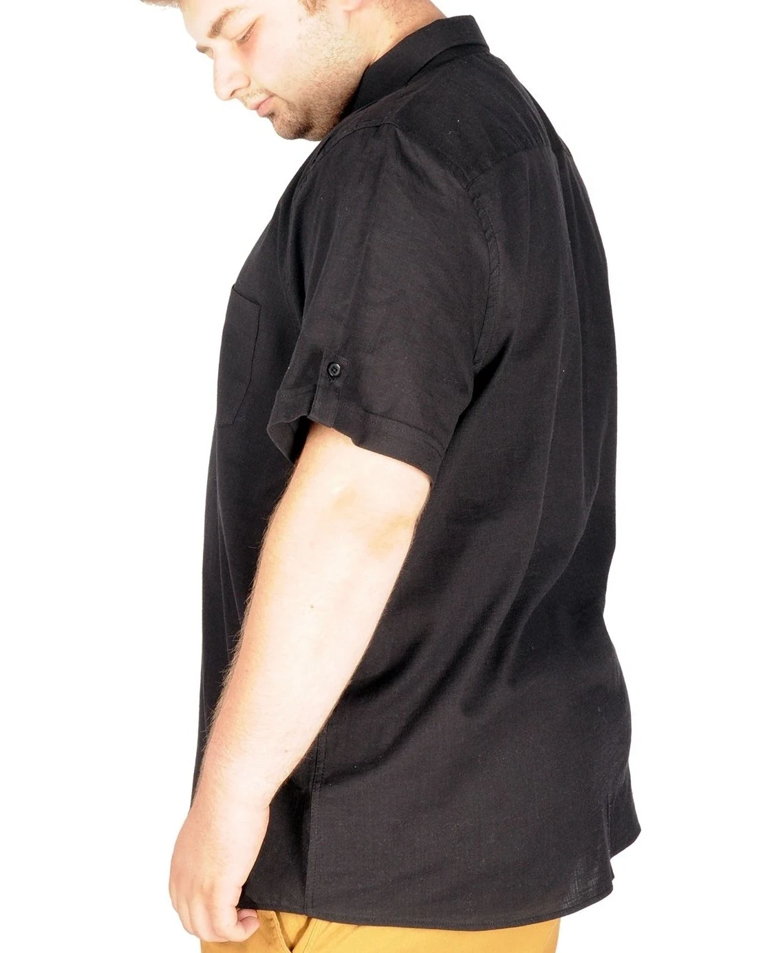 Büyük Beden Keten Likralı Gömlek Cepli 20389 Siyah