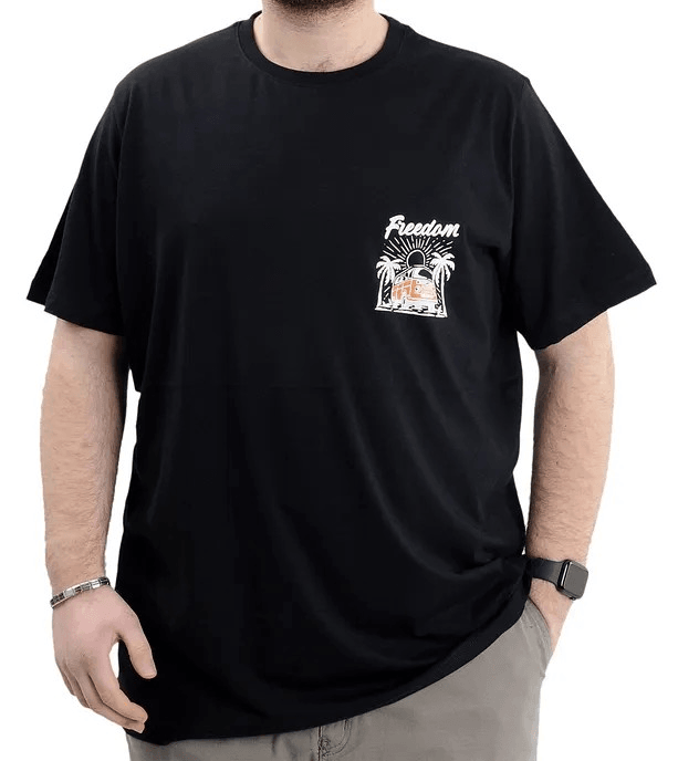 Büyük Beden Erkek Baskılı T-shirt Bisiklet Yaka Freedom U24030 Siyah