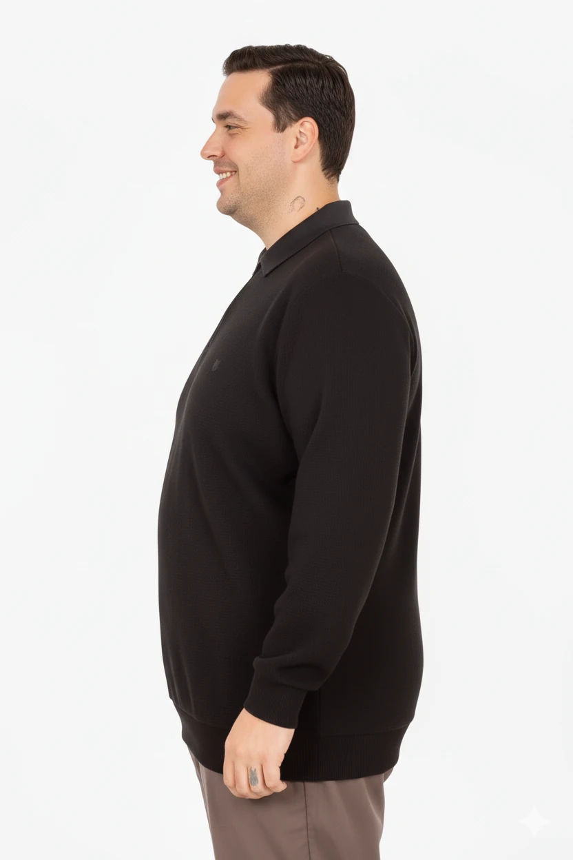 Büyük Beden Erkek Sweat Polo Yaka Waffle Selanik Siyah 25822