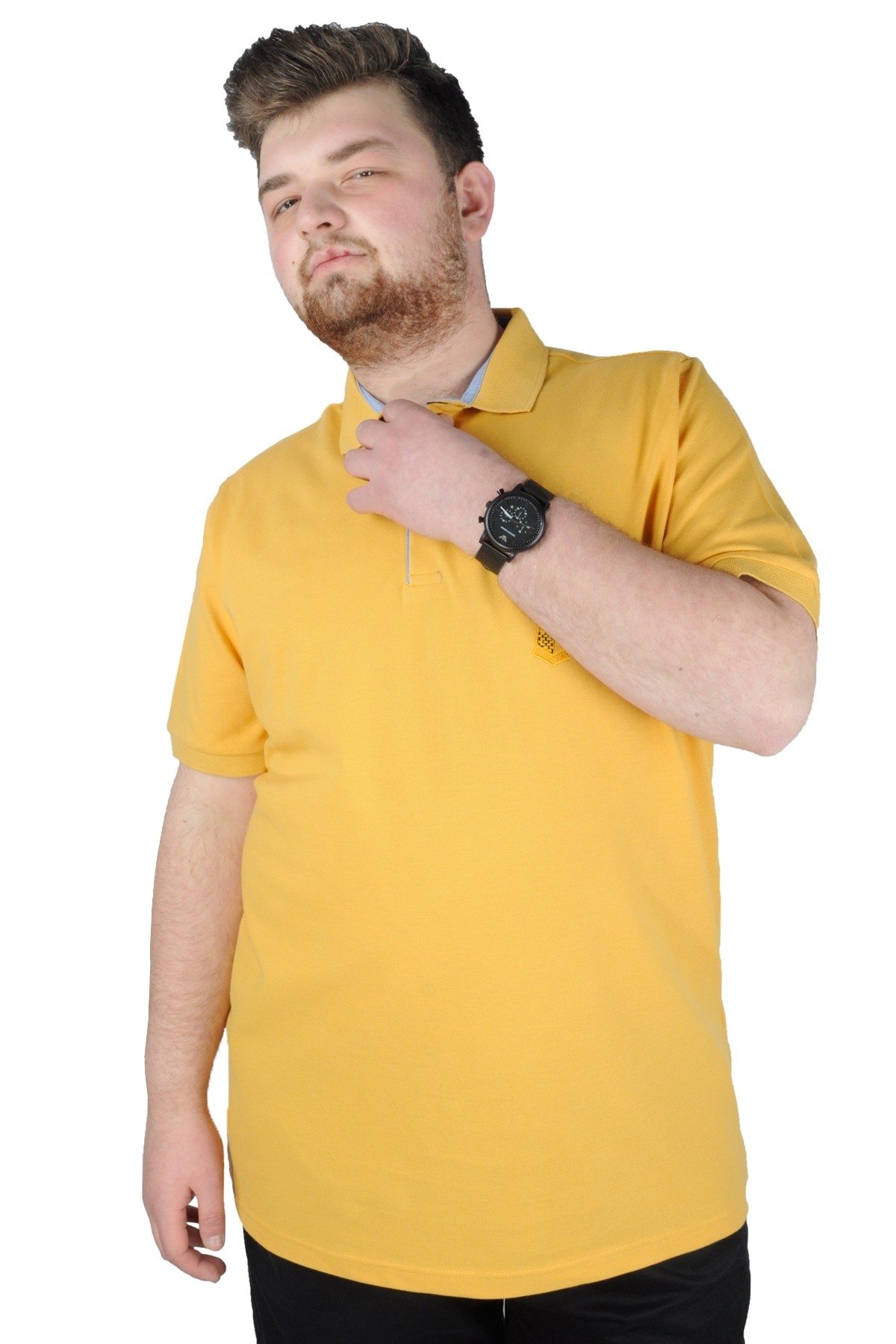 Battal Beden Erkek Tshirt Polo Yaka Nakışlı Klasik Pike 20553 Hardal