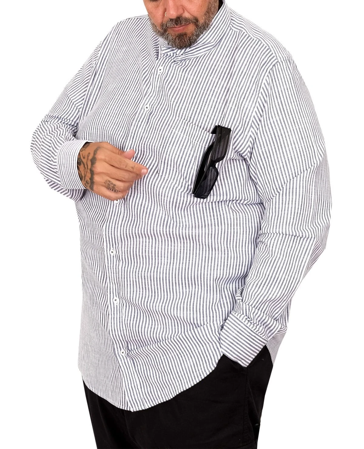 Büyük Beden Erkek Gömlek Uzun Kol Keten Cepli Siyah 20384