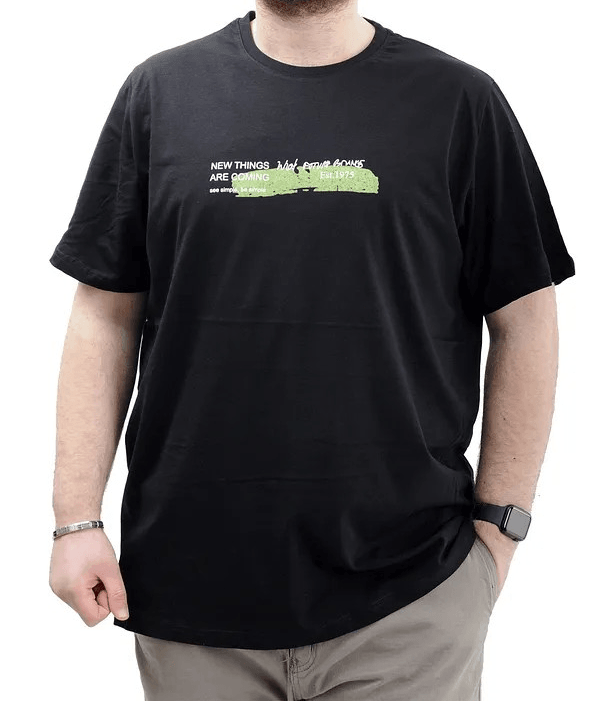 Battal Beden Baskılı Erkek T-Shirt Bisiklet Yaka U24047 Siyah