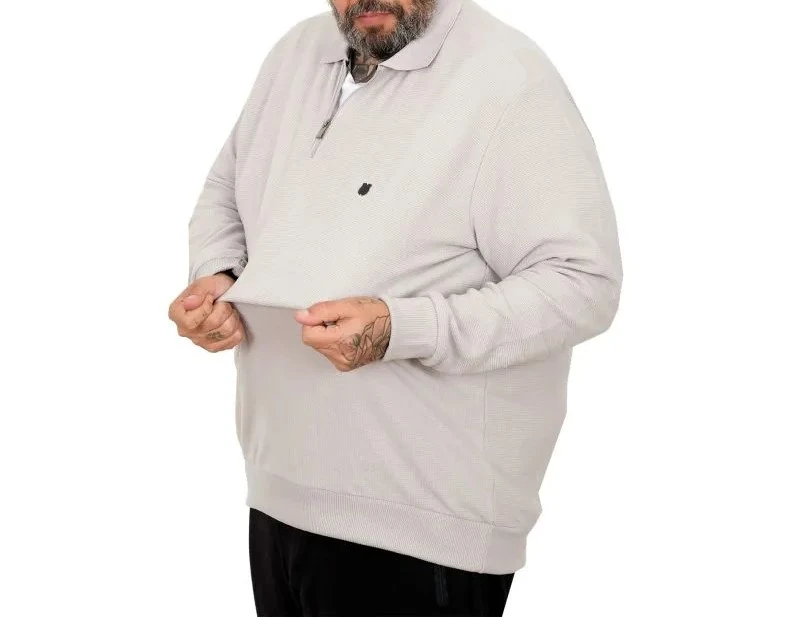 Büyük Beden Erkek Sweat Polo Yaka Waffle Selanik Gri 25822