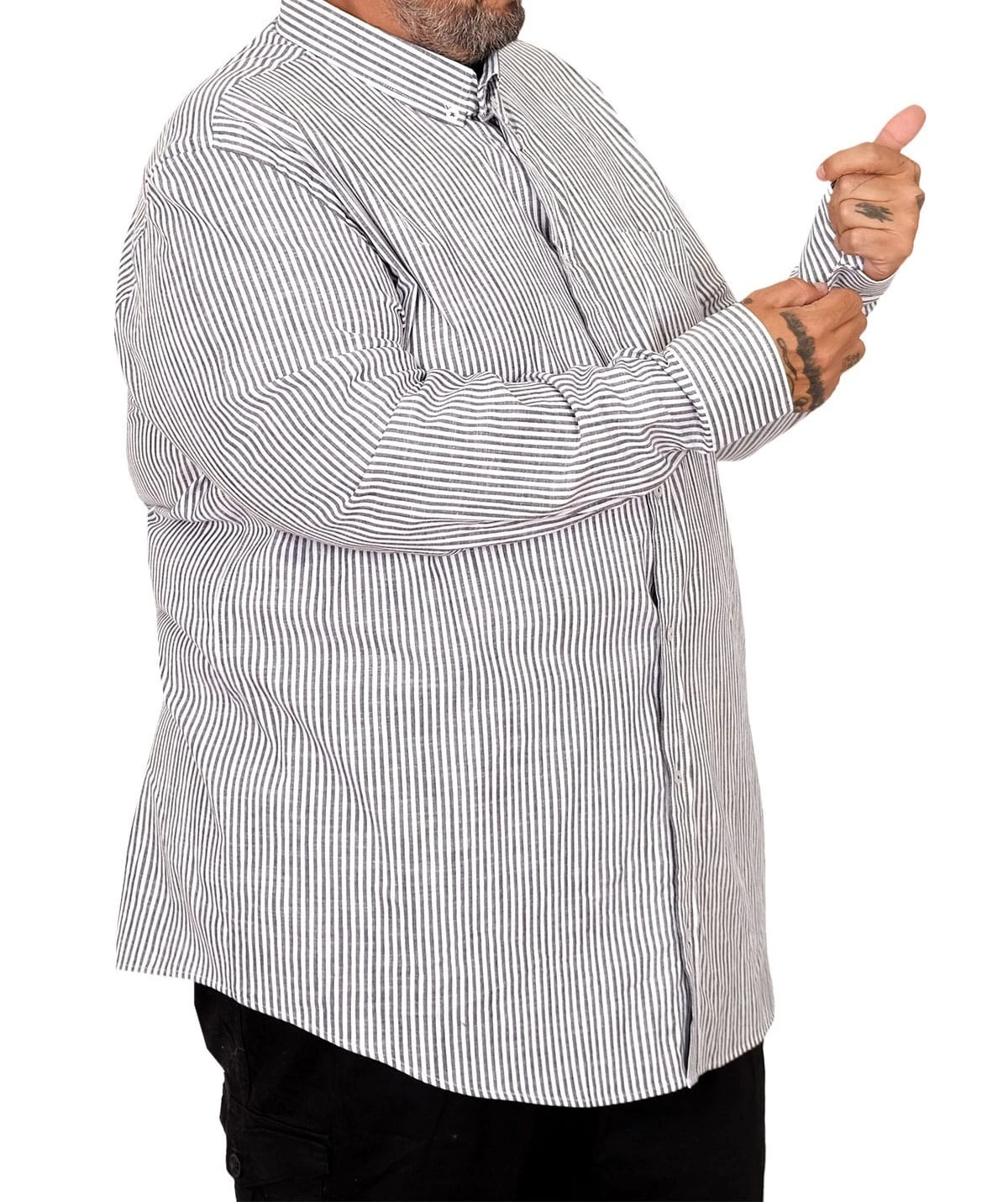 Büyük Beden Erkek Gömlek Uzun Kol Keten Cepli Siyah 20384