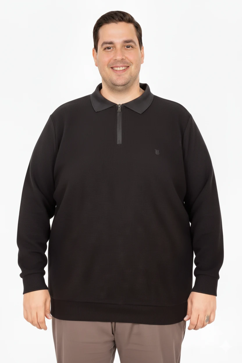 Büyük Beden Erkek Sweat Polo Yaka Waffle Selanik Siyah 25822